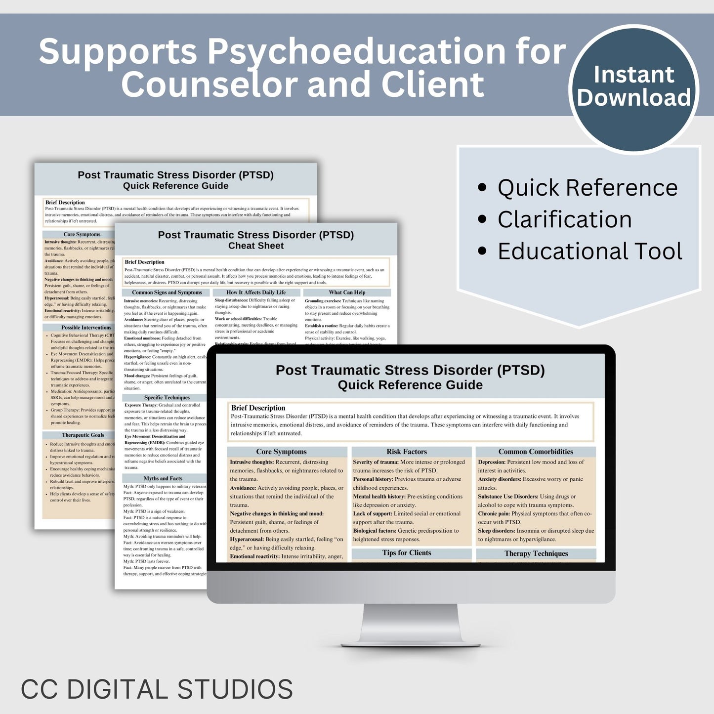PTSD Cheat Sheet, 2 IN 1 Psychoeducation for Client and Cheat Sheet for Counselors