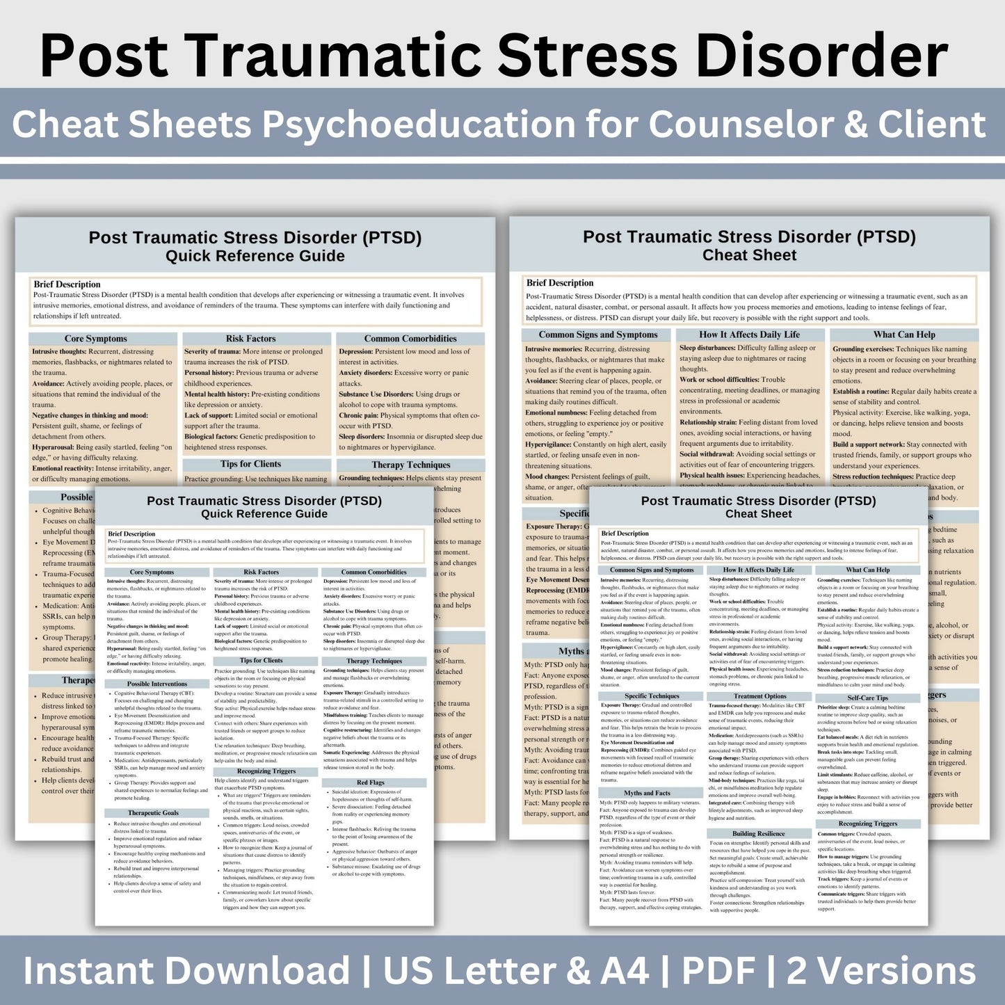 PTSD Cheat Sheet, 2 IN 1 Psychoeducation for Client and Cheat Sheet for Counselors