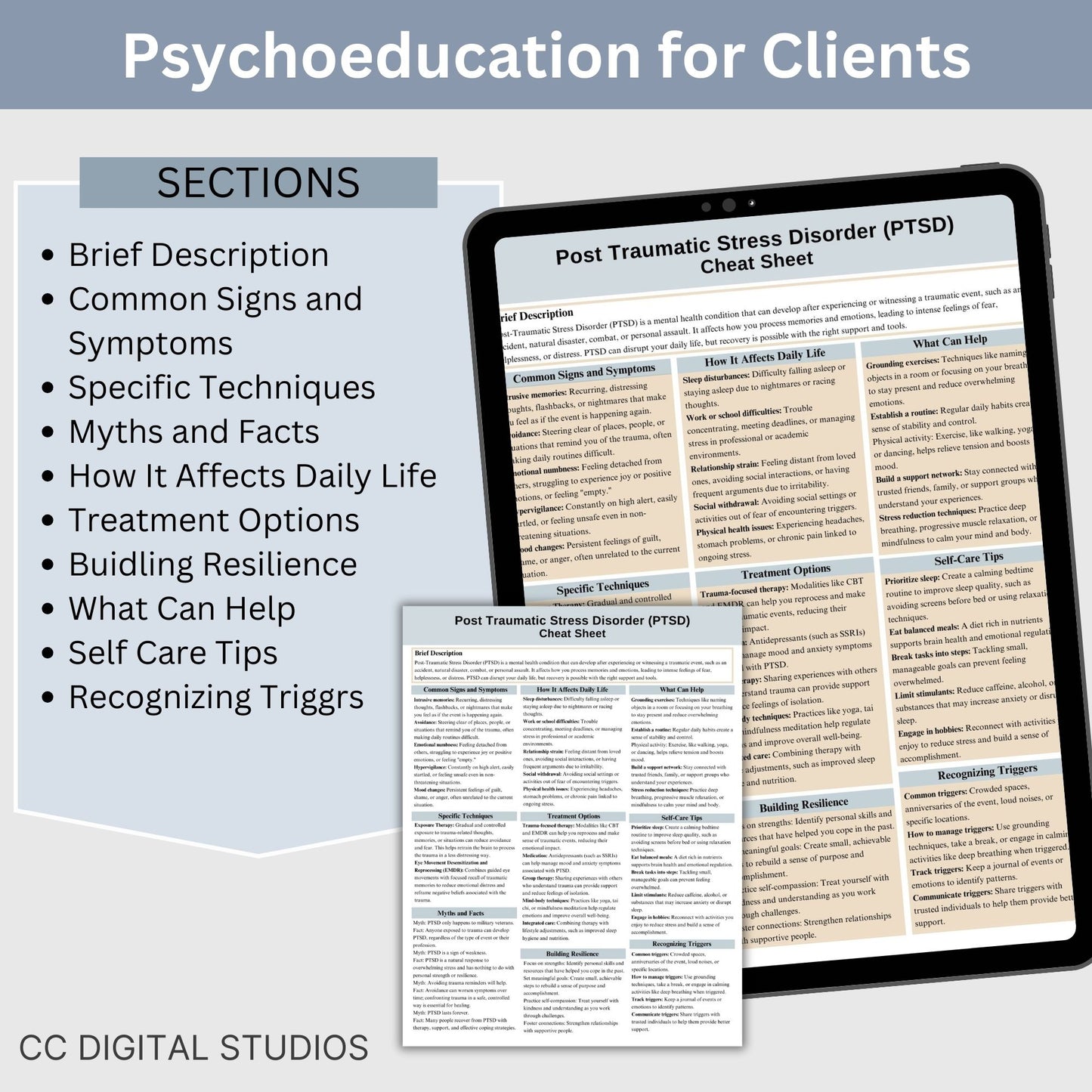 PTSD Cheat Sheet, 2 IN 1 Psychoeducation for Client and Cheat Sheet for Counselors