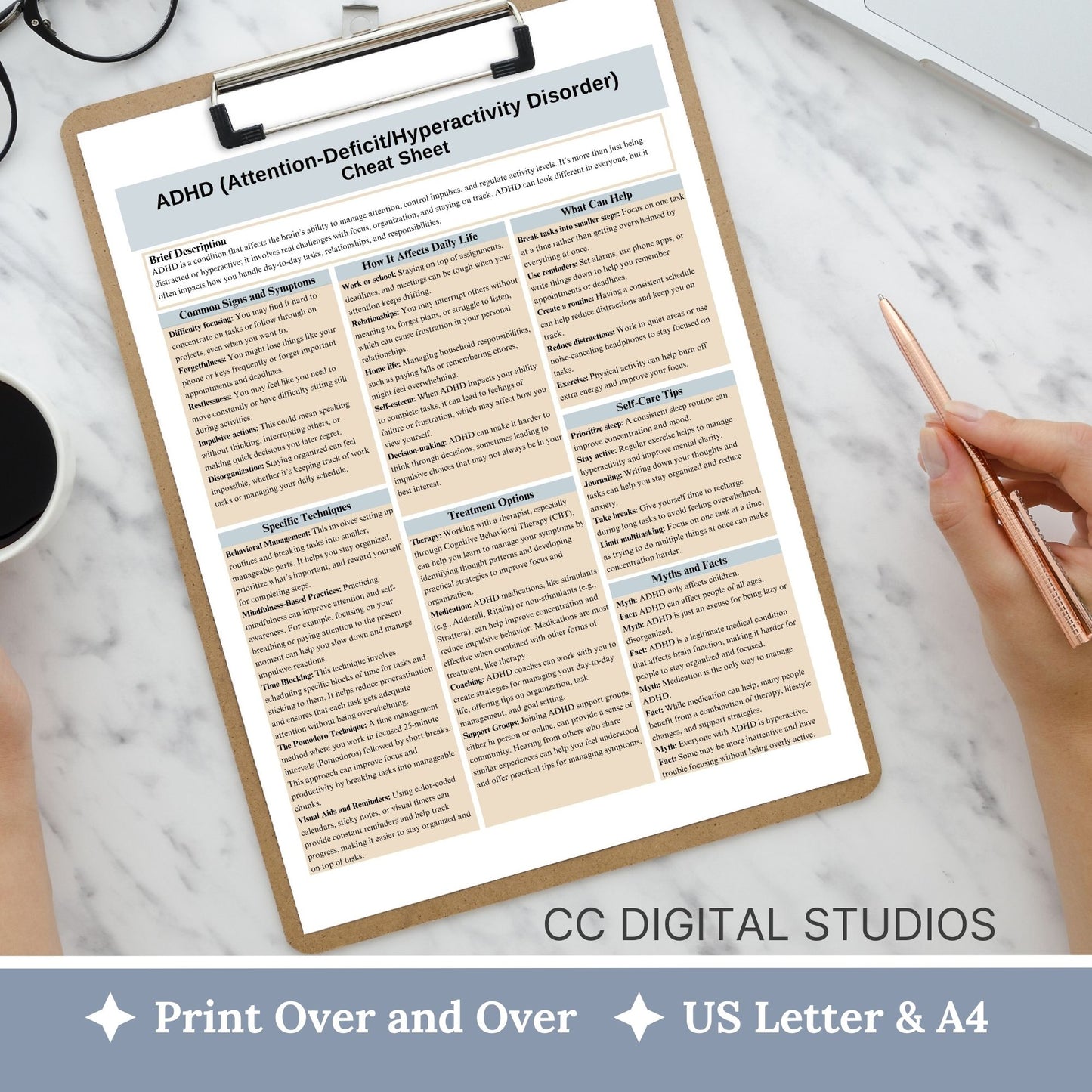 This 2-in-1 ADHD Cheat Sheet is designed for both therapists and clients! It includes a therapist's quick reference guide and a client-friendly psychoeducational sheet, making it a valuable ADHD therapy tool.