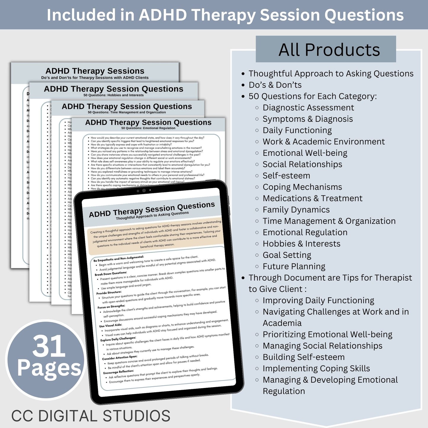 A collection of 750 questions, along with essential tips for therapist to provide their clients and do's and don'ts, this resource is a valuable addition to any therapist's office. Helpful reference sheets for school counselors social workers