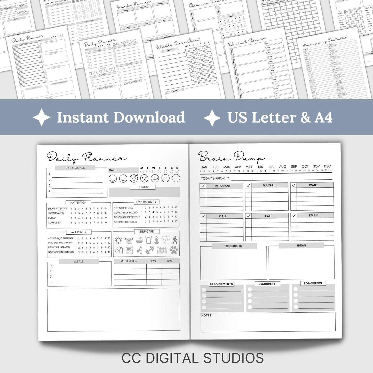 ADHD digital planner, ADHD Planner Printable, adhd Productivity Planner, adhd life planner adhd journal, adhd student planner, adhd workbook, digital planner, printable, GoodNotes Planner, GoodNotes Pages