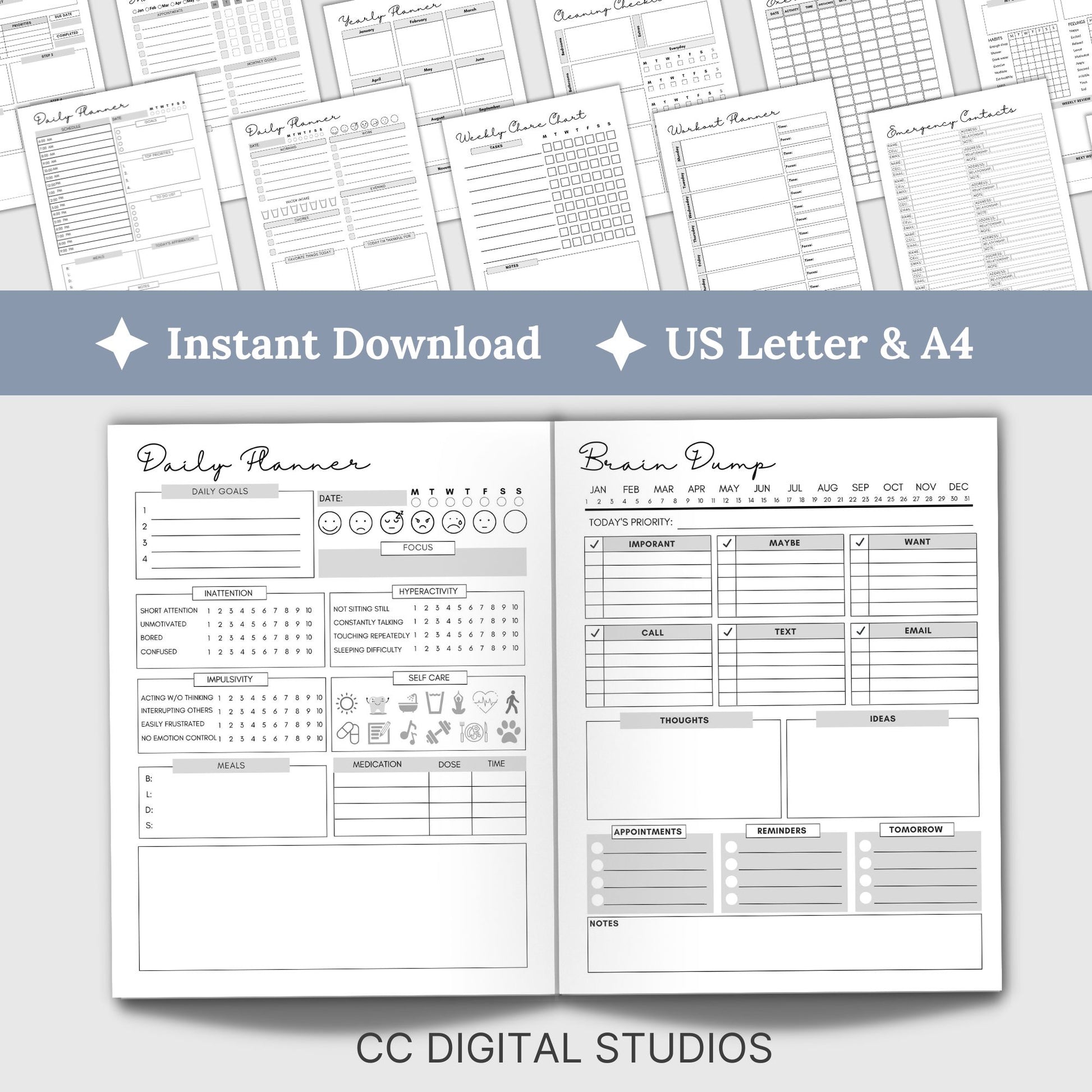 ADHD digital planner, ADHD Planner Printable, adhd Productivity Planner, adhd life planner adhd journal, adhd student planner, adhd workbook, digital planner, printable, GoodNotes Planner, GoodNotes Pages