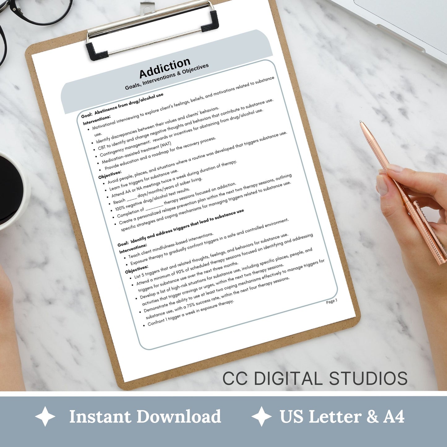Addiction treatment plan therapy tool used by substance abuse counselors. Therapy cheat sheets for setting therapy goals, objectives and interventions. Treatment plans for addiction 25 goals for therapy, 77 interventions and 163 objectives.