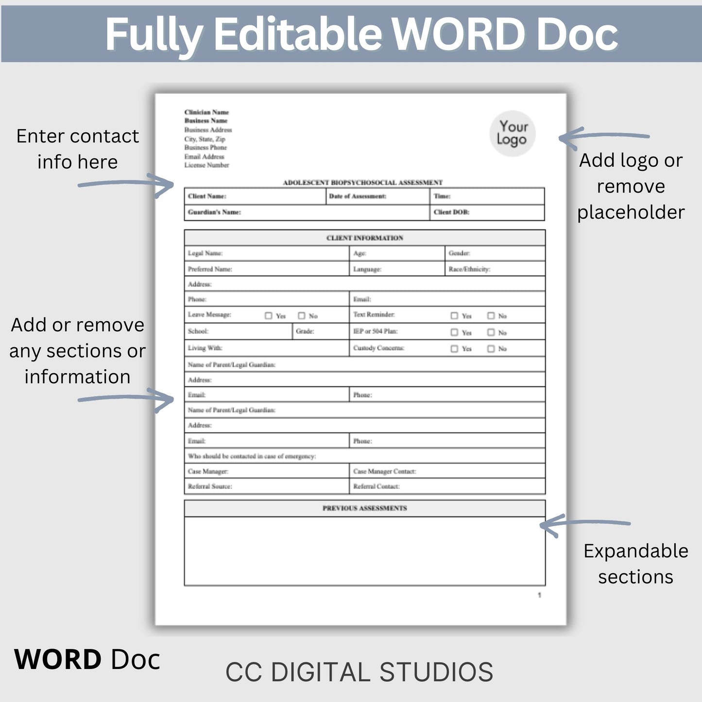 15-page comprehensive biopsychosocial editable WORD Doc template! Perfect for therapists, school psychologists, and professionals in psychology fields. Streamlining your therapist office, therapy notes, psychology, therapy tool, therapy resource