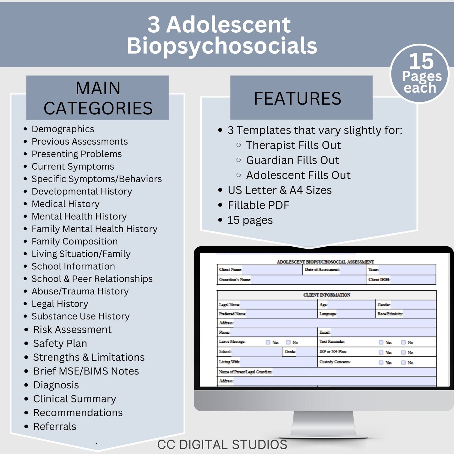 15-page comprehensive biopsychosocial therapy template. Perfect for therapists, school psychologists, and professionals in psychology fields. Streamlining your therapist office, therapy notes, psychology, therapy tool, therapy resource