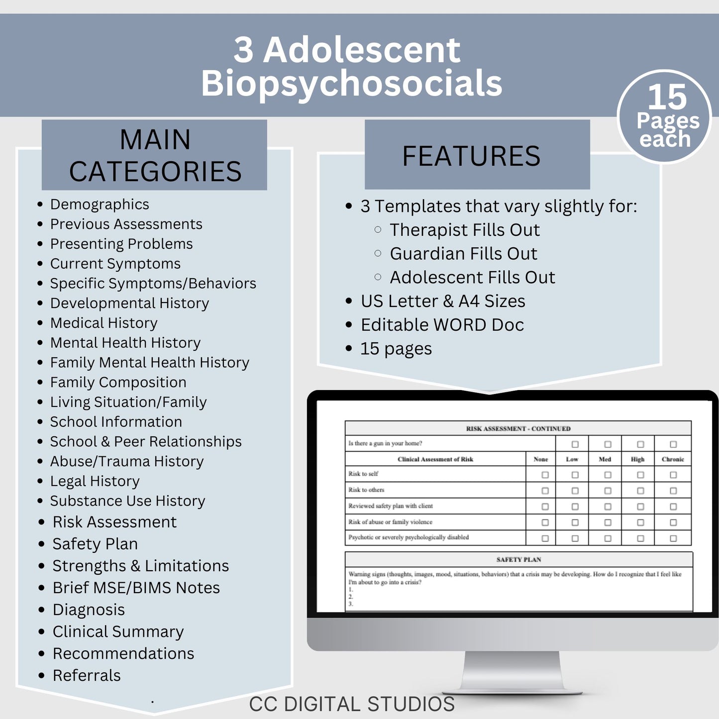 15-page comprehensive biopsychosocial editable WORD Doc template! Perfect for therapists, school psychologists, and professionals in psychology fields. Streamlining your therapist office, therapy notes, psychology, therapy tool, therapy resource