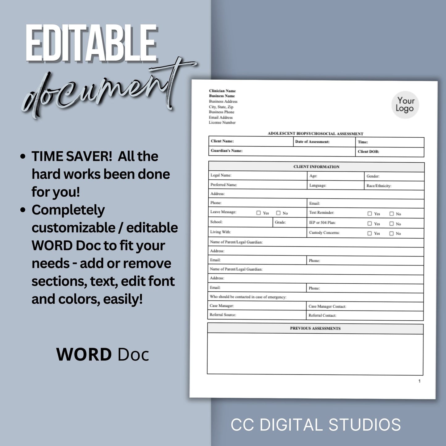 15-page comprehensive biopsychosocial editable WORD Doc template! Perfect for therapists, school psychologists, and professionals in psychology fields. Streamlining your therapist office, therapy notes, psychology, therapy tool, therapy resource