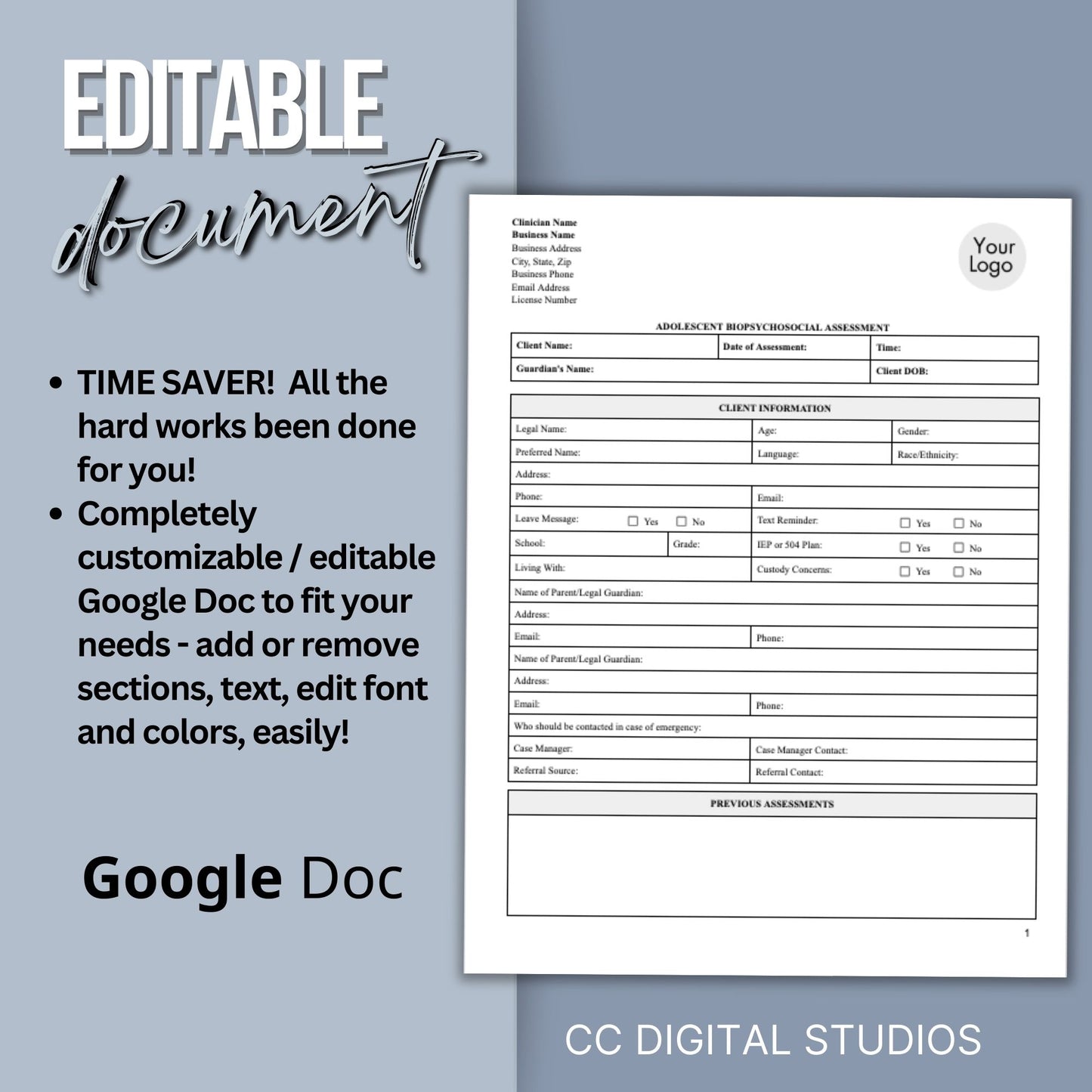 15-page comprehensive biopsychosocial editable Google Doc template! Perfect for therapists, school psychologists, and professionals in psychology fields. Streamlining your therapist office, therapy notes, psychology, therapy tool, therapy resource