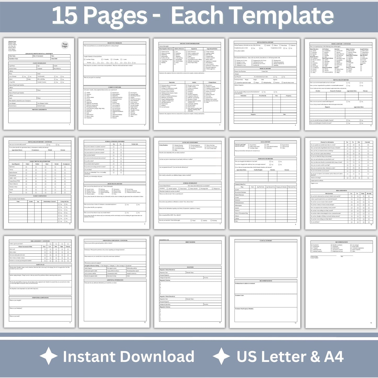 15-page comprehensive biopsychosocial editable WORD Doc template! Perfect for therapists, school psychologists, and professionals in psychology fields. Streamlining your therapist office, therapy notes, psychology, therapy tool, therapy resource