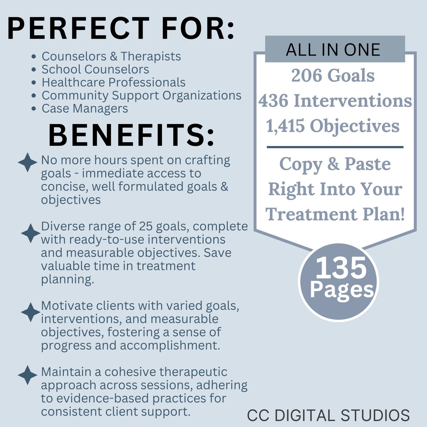 therapy goals, interventions, and measurable objectives. This therapy tool is for treatment plans for depression, anxiety, substance abuse treatment plans, and anger management. It includes 206 goals, 436 interventions and 1415 objectives.