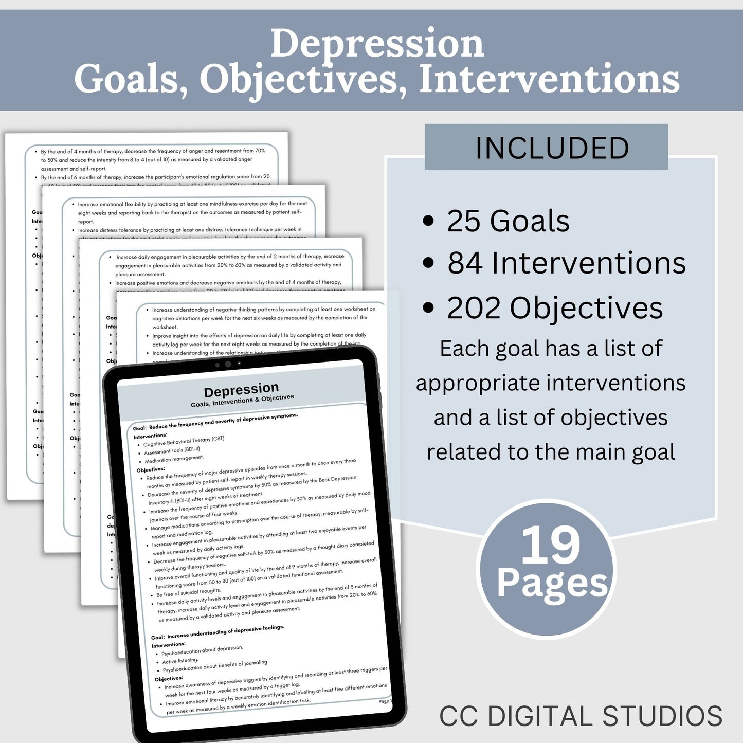 therapy goals, interventions, and measurable objectives. This therapy tool is for treatment plans for depression, anxiety, substance abuse treatment plans, and anger management. It includes 206 goals, 436 interventions and 1415 objectives.