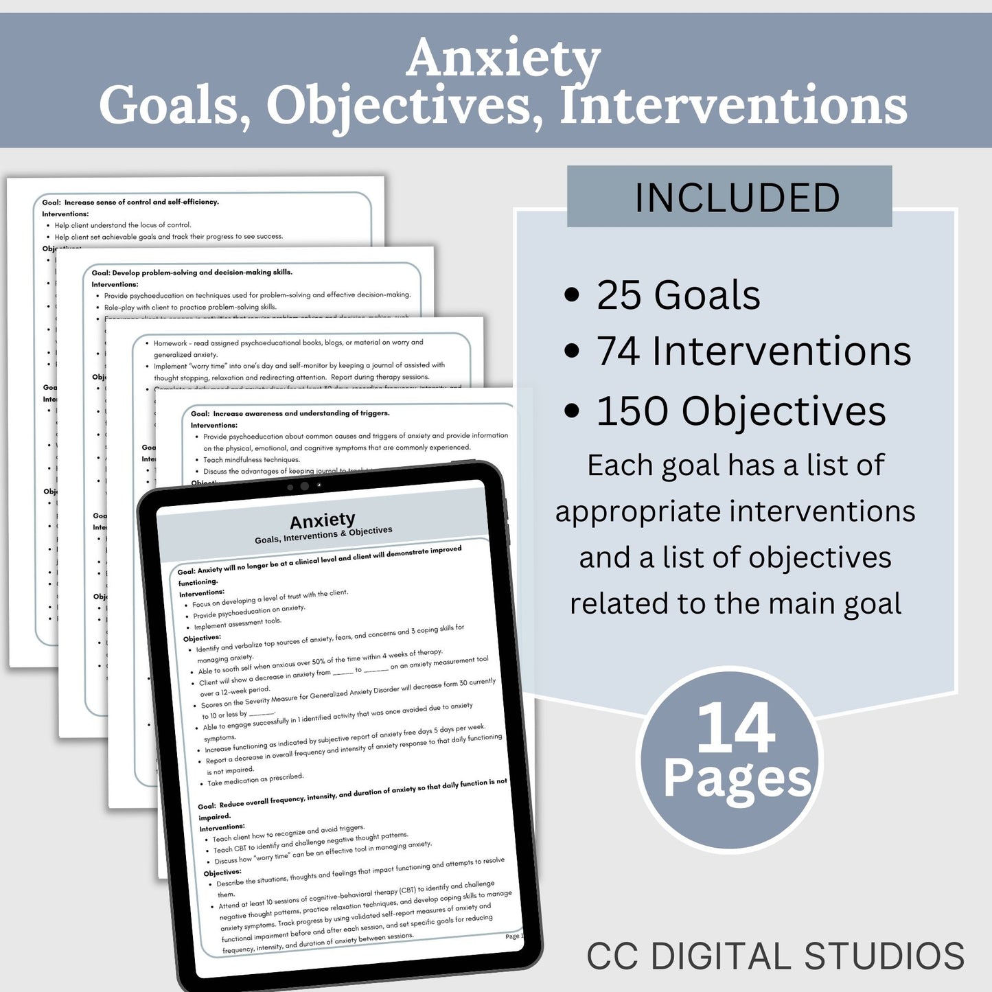 therapy goals, interventions, and measurable objectives. This therapy tool is for treatment plans for depression, anxiety, substance abuse treatment plans, and anger management. It includes 206 goals, 436 interventions and 1415 objectives.