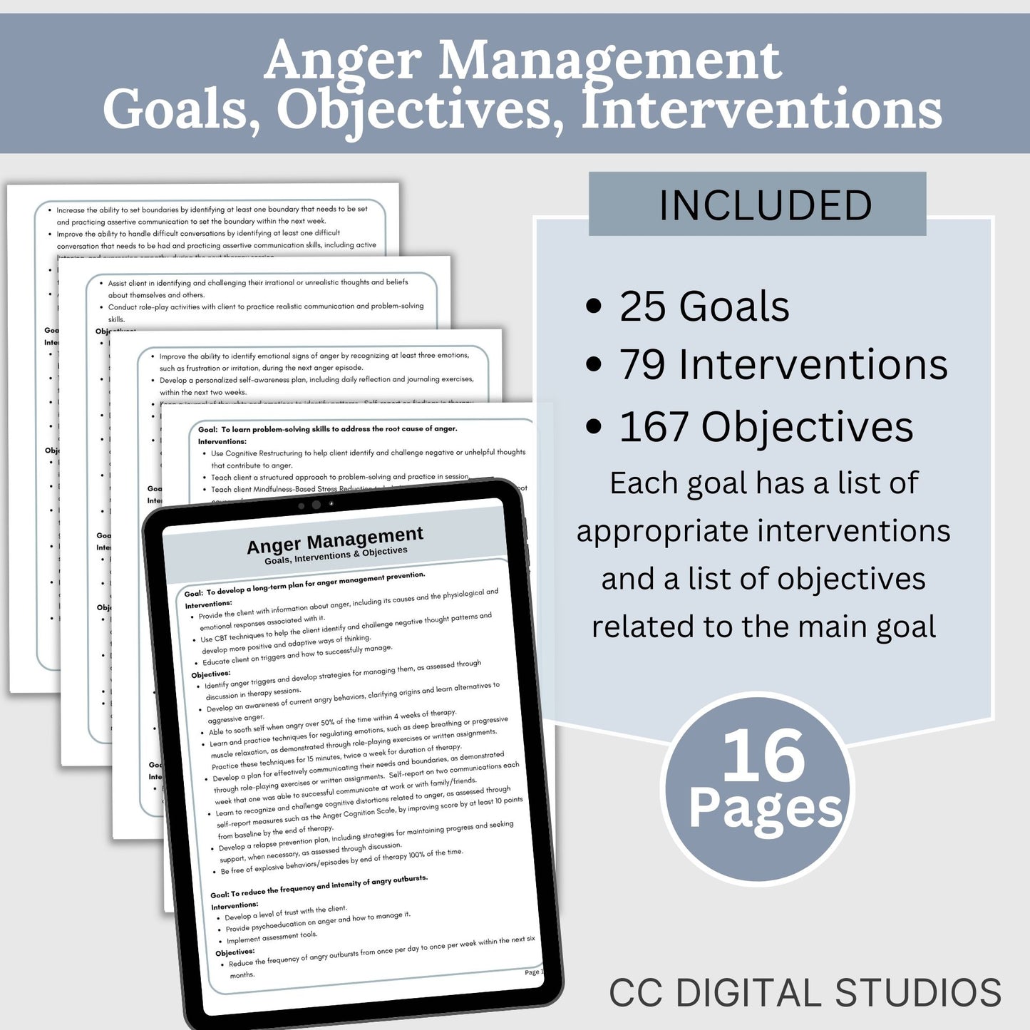 therapy goals, interventions, and measurable objectives. This therapy tool is for treatment plans for depression, anxiety, substance abuse treatment plans, and anger management. It includes 206 goals, 436 interventions and 1415 objectives.