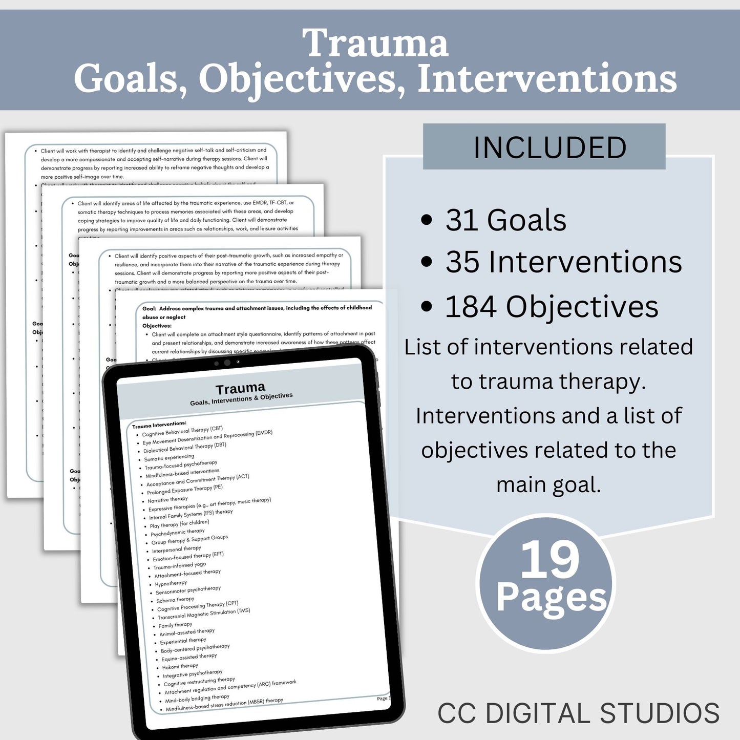 therapy goals, interventions, and measurable objectives. This therapy tool is for treatment plans for depression, anxiety, substance abuse treatment plans, and anger management. It includes 206 goals, 436 interventions and 1415 objectives.