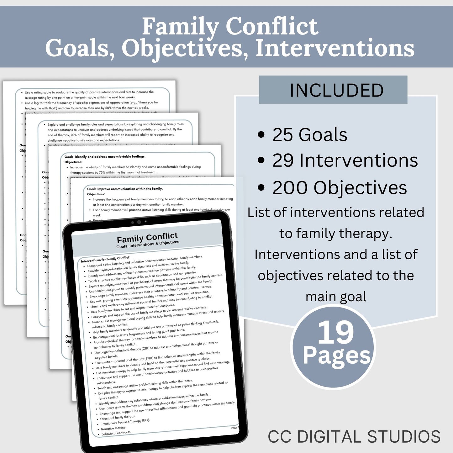 therapy goals, interventions, and measurable objectives. This therapy tool is for treatment plans for depression, anxiety, substance abuse treatment plans, and anger management. It includes 206 goals, 436 interventions and 1415 objectives.