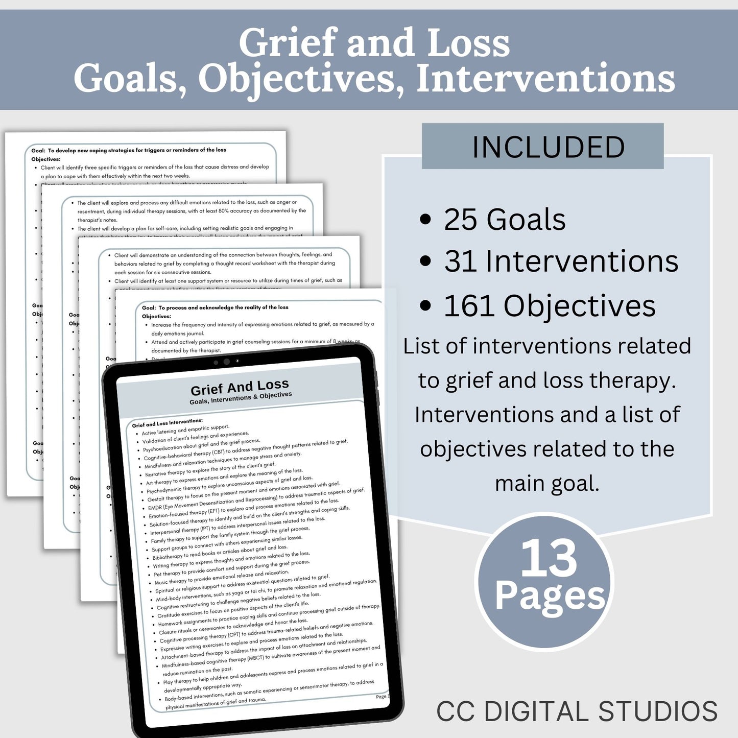 therapy goals, interventions, and measurable objectives. This therapy tool is for treatment plans for depression, anxiety, substance abuse treatment plans, and anger management. It includes 206 goals, 436 interventions and 1415 objectives.