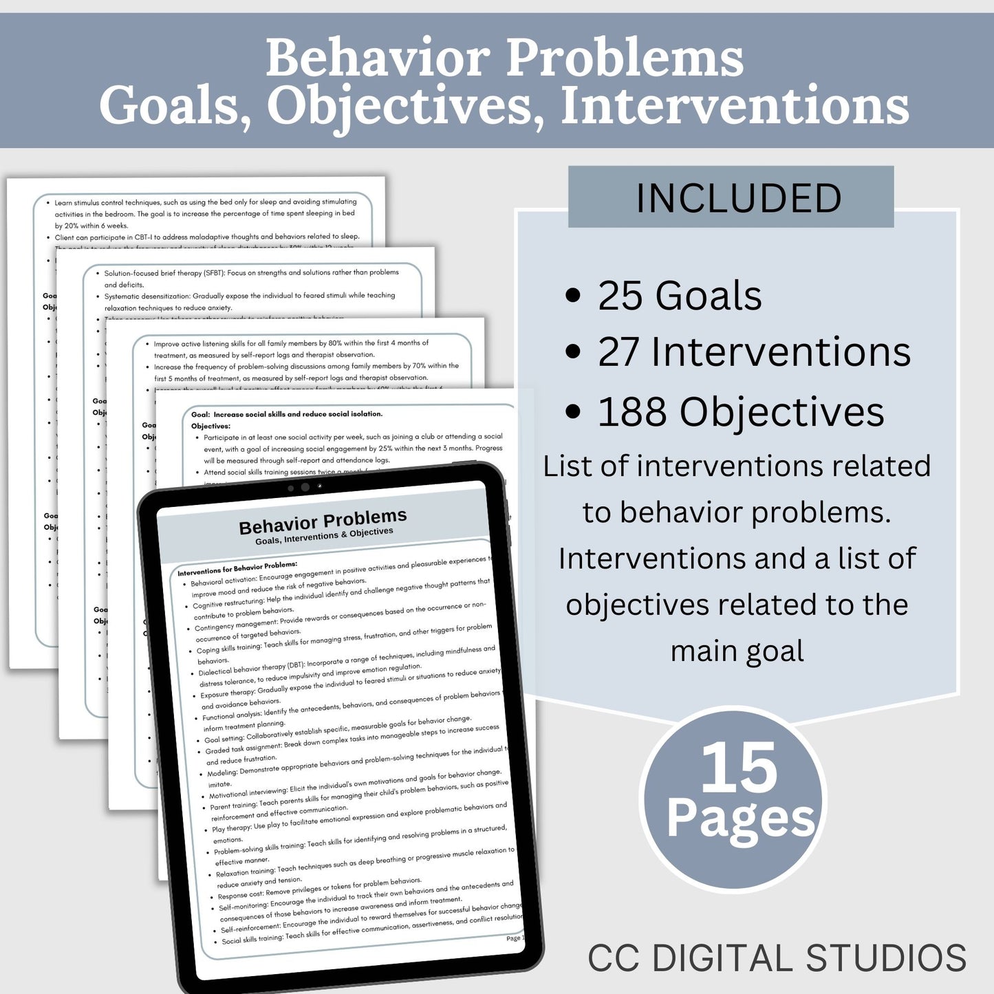 therapy goals, interventions, and measurable objectives. This therapy tool is for treatment plans for depression, anxiety, substance abuse treatment plans, and anger management. It includes 206 goals, 436 interventions and 1415 objectives.