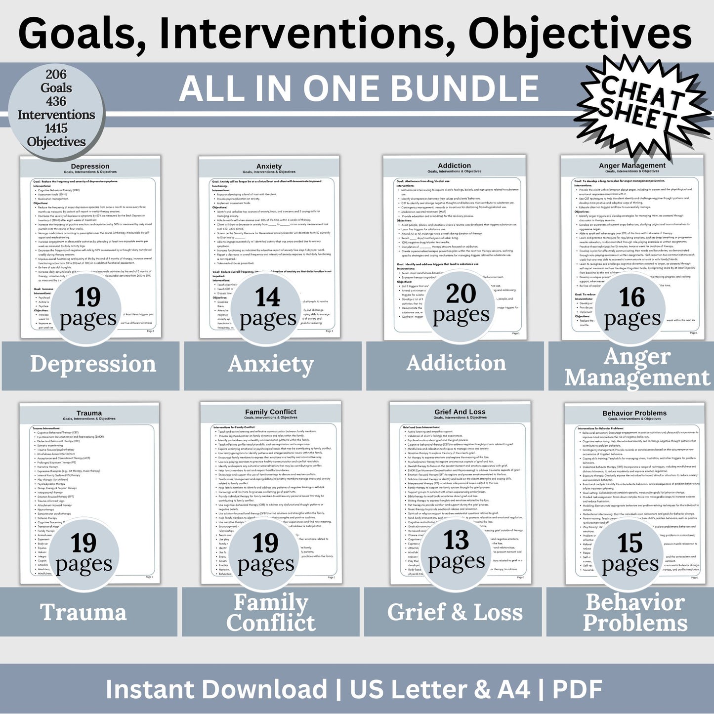 therapy goals, interventions, and measurable objectives. This therapy tool is for treatment plans for depression, anxiety, substance abuse treatment plans, and anger management. It includes 206 goals, 436 interventions and 1415 objectives.