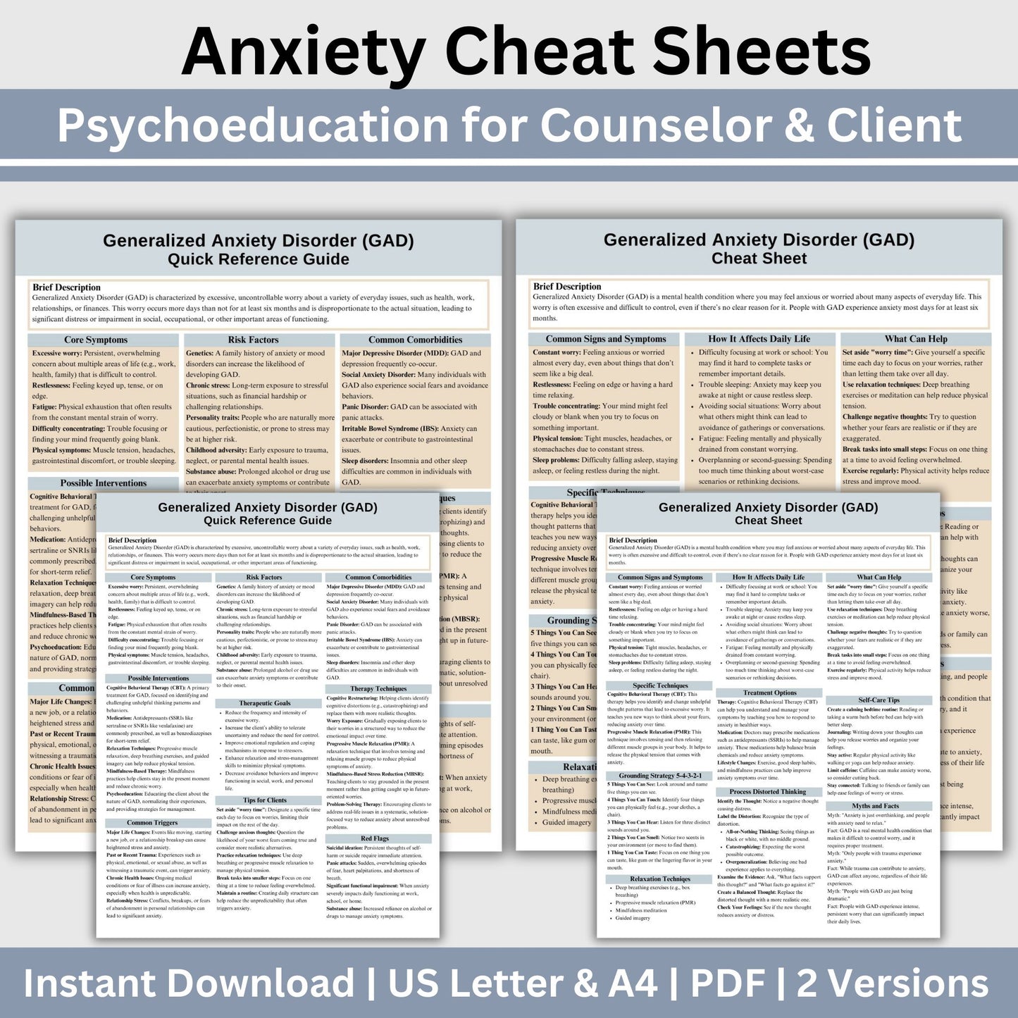 This 2-in-1 Anxiety Cheat Sheet is designed for both therapists and clients! It includes a therapist's quick reference guide and a client-friendly psychoeducational sheet, making it a valuable Anxiety therapy tool.