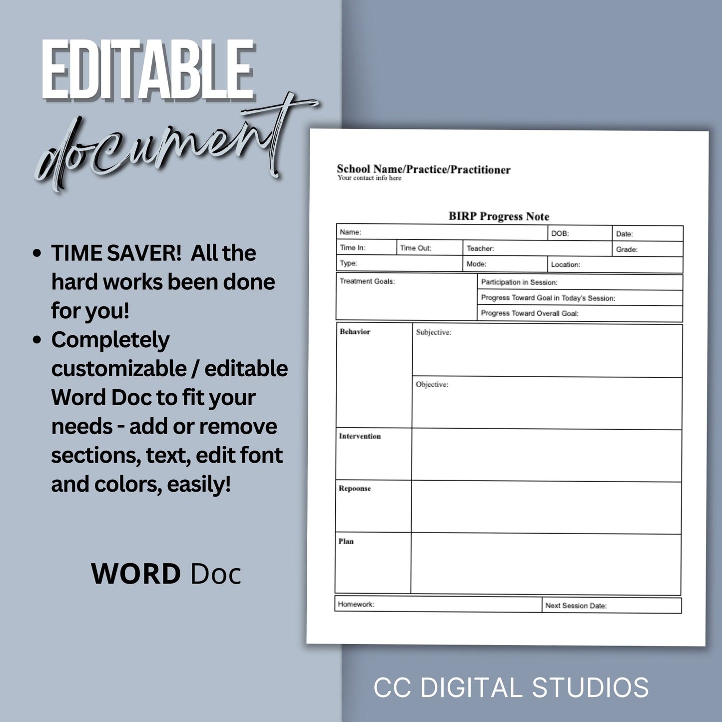 BIRP Progress Note Template designed for school counselors, psychologists, and social workers.BIRP Progress Note for School Counselors, School Psychologist, School Social Work Counseling Tools, Therapy Notes, Therapist Office Forms