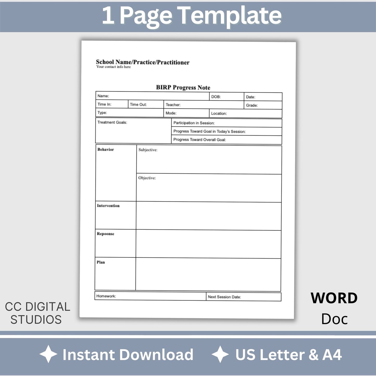 BIRP Progress Note Template designed for school counselors, psychologists, and social workers.BIRP Progress Note for School Counselors, School Psychologist, School Social Work Counseling Tools, Therapy Notes, Therapist Office Forms