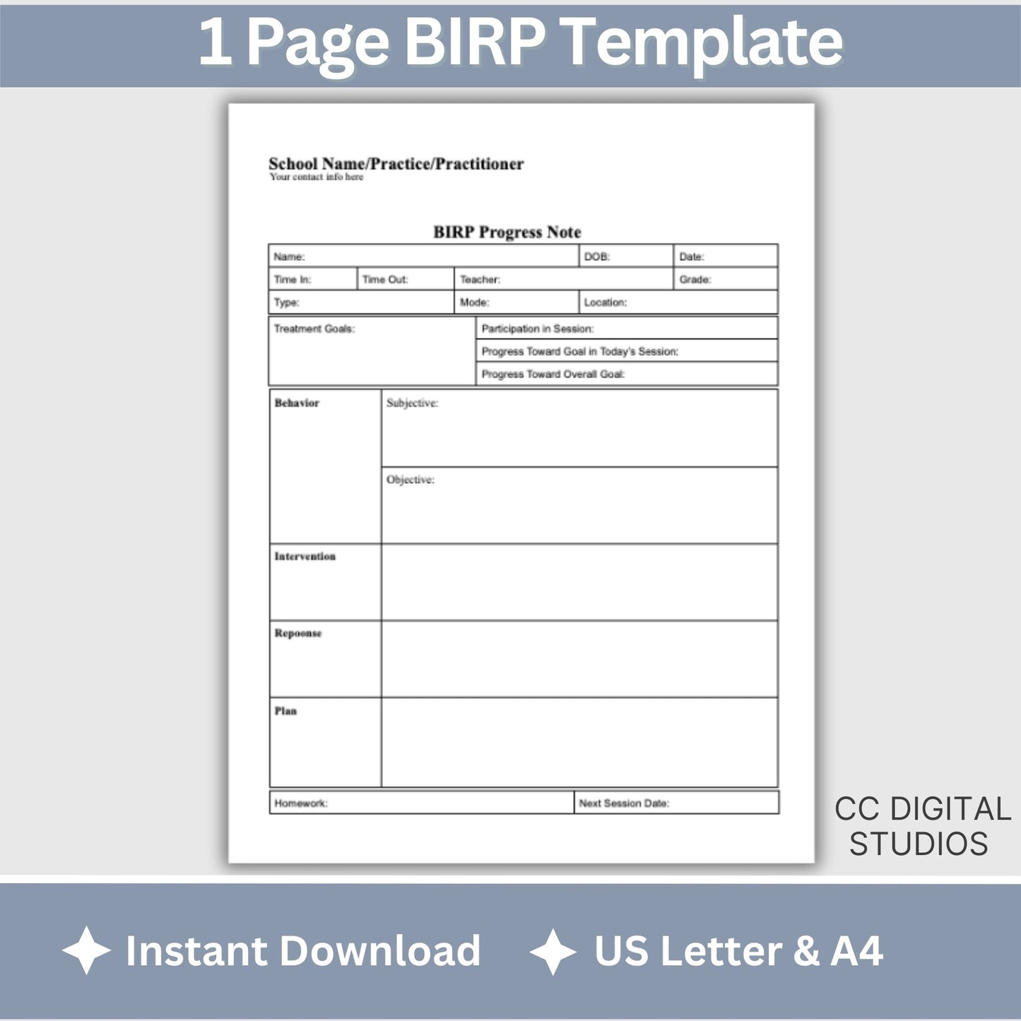 BIRP Progress Note Template designed for school counselors, psychologists, and social workers.BIRP Progress Note for School Counselors, School Psychologist, School Social Work Counseling Tools, Therapy Notes, Therapist Office Forms
