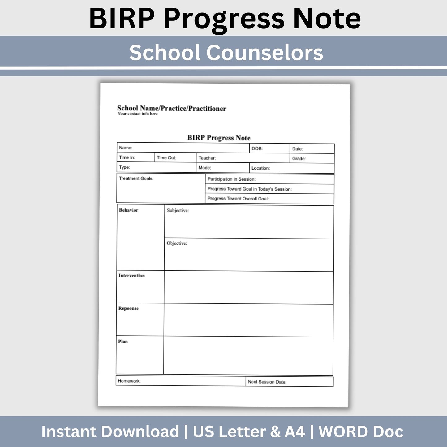 BIRP Progress Note Template designed for school counselors, psychologists, and social workers.BIRP Progress Note for School Counselors, School Psychologist, School Social Work Counseling Tools, Therapy Notes, Therapist Office Forms