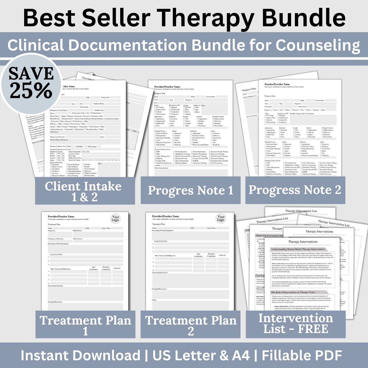 Documentation bundle for mental health professionals. This bundle provides needed therapy tools; client intake template, progress notes, treatment plan and clinical terms cheat sheet. Save 25% with bundle