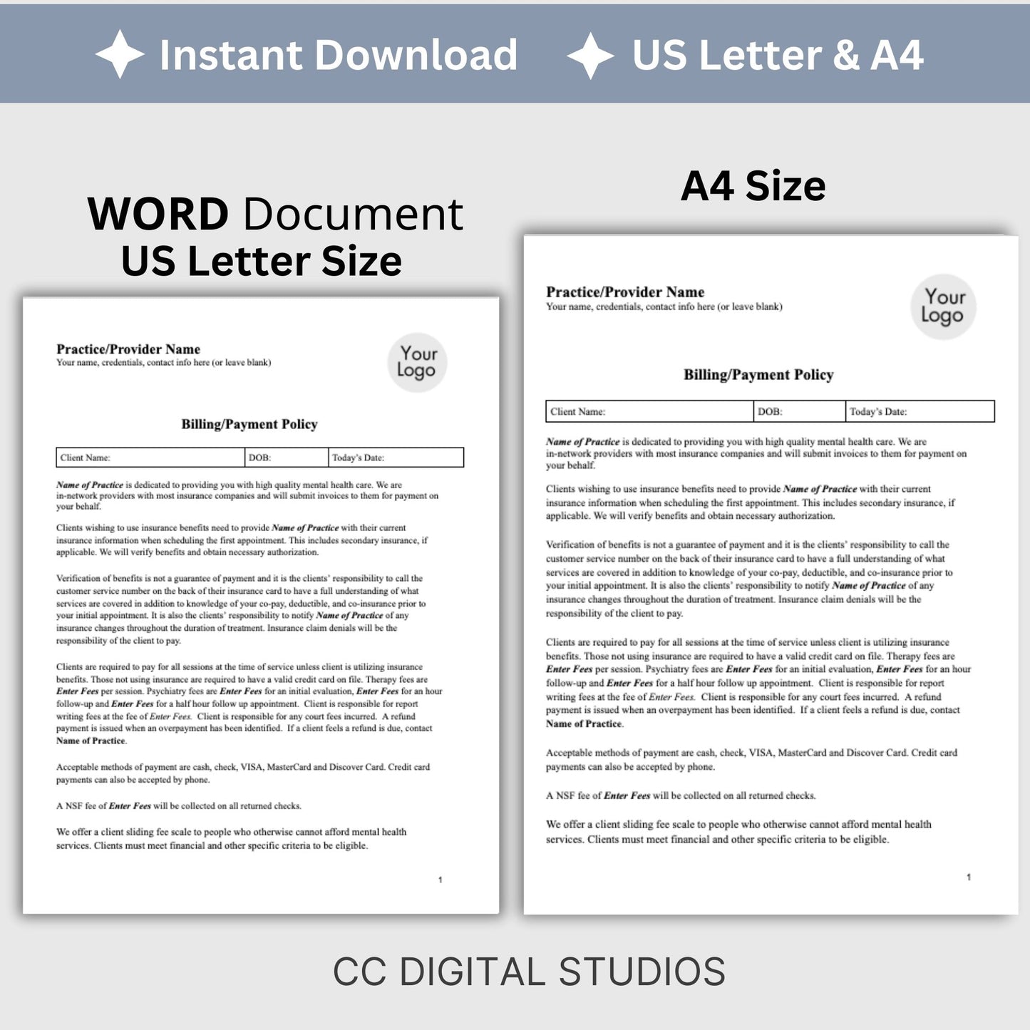 Billing Payment Form for Counseling Office, Editable WORD Doc, Client Intake Form, Psychologist Office, Therapist Office Documentation