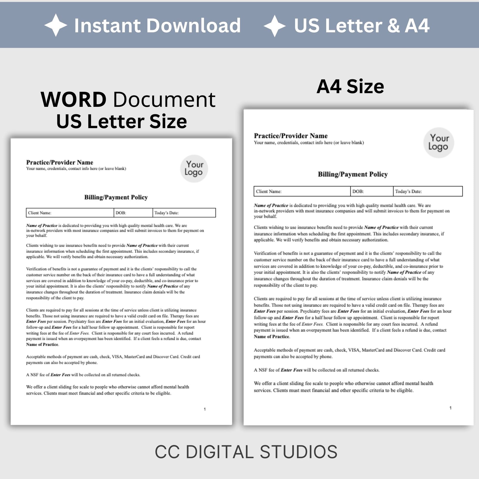 Billing Payment Form for Counseling Office, Editable WORD Doc, Client Intake Form, Psychologist Office, Therapist Office Documentation