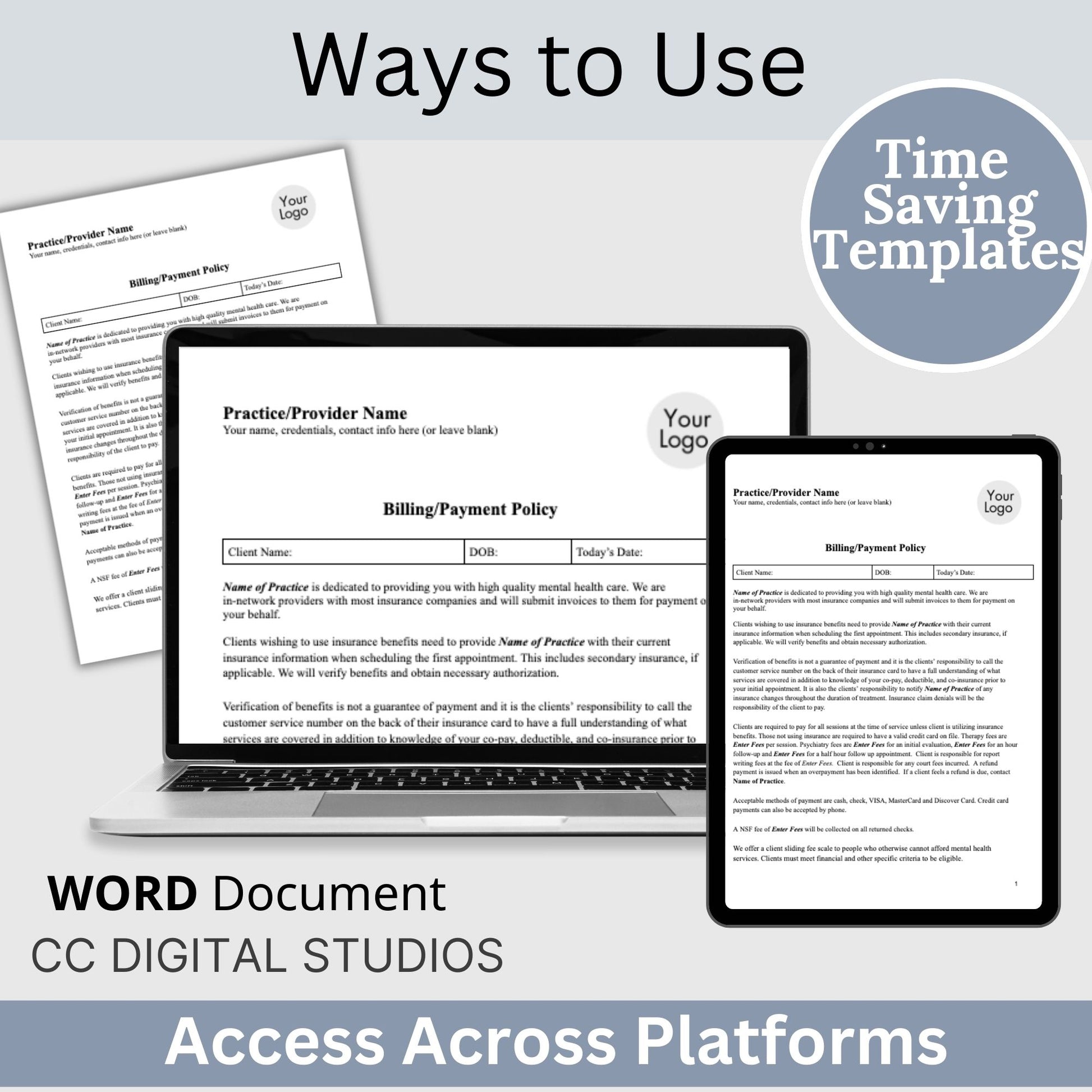 Billing Payment Form for Counseling Office, Editable WORD Doc, Client Intake Form, Psychologist Office, Therapist Office Documentation