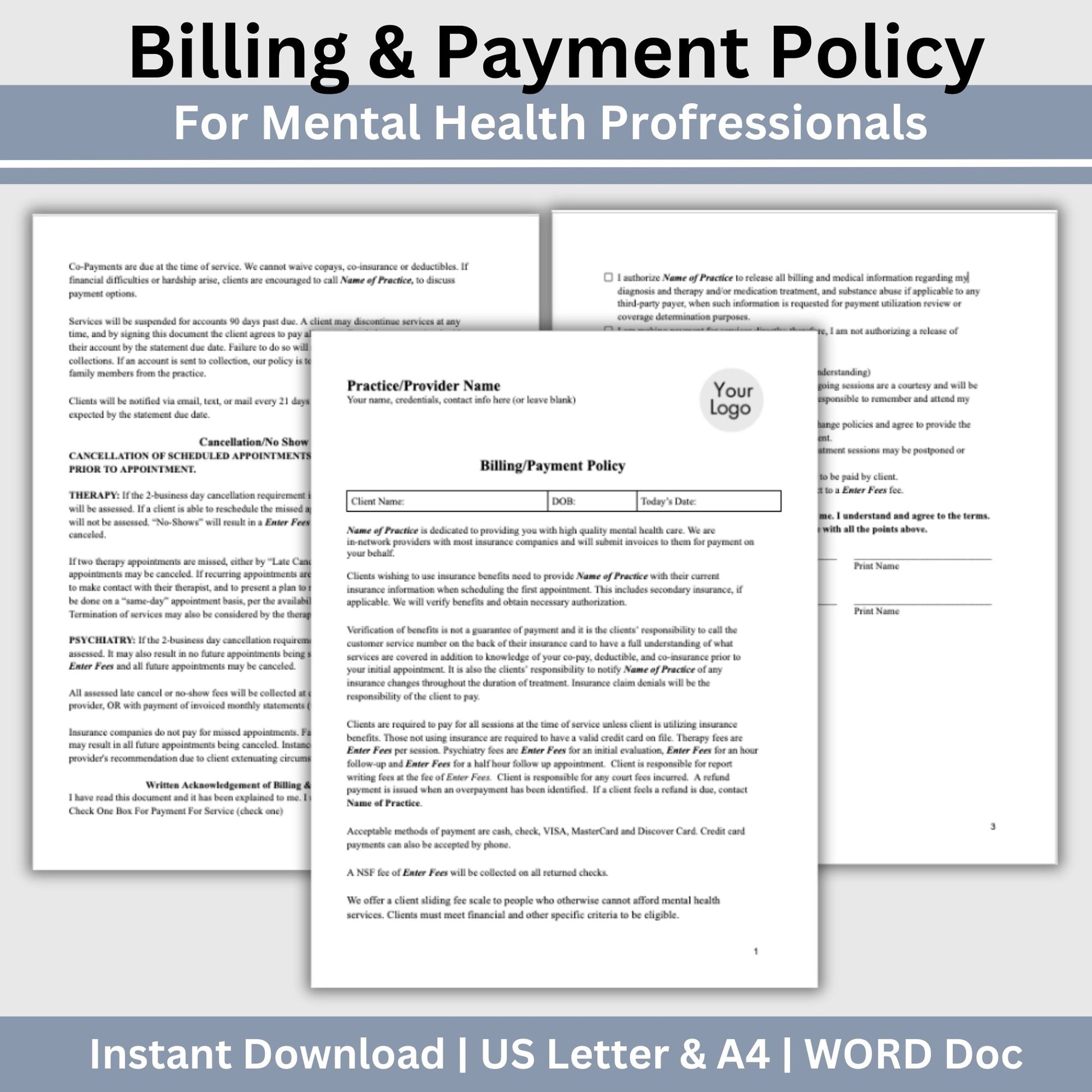 Billing Payment Form for Counseling Office, Editable WORD Doc, Client Intake Form, Psychologist Office, Therapist Office Documentation