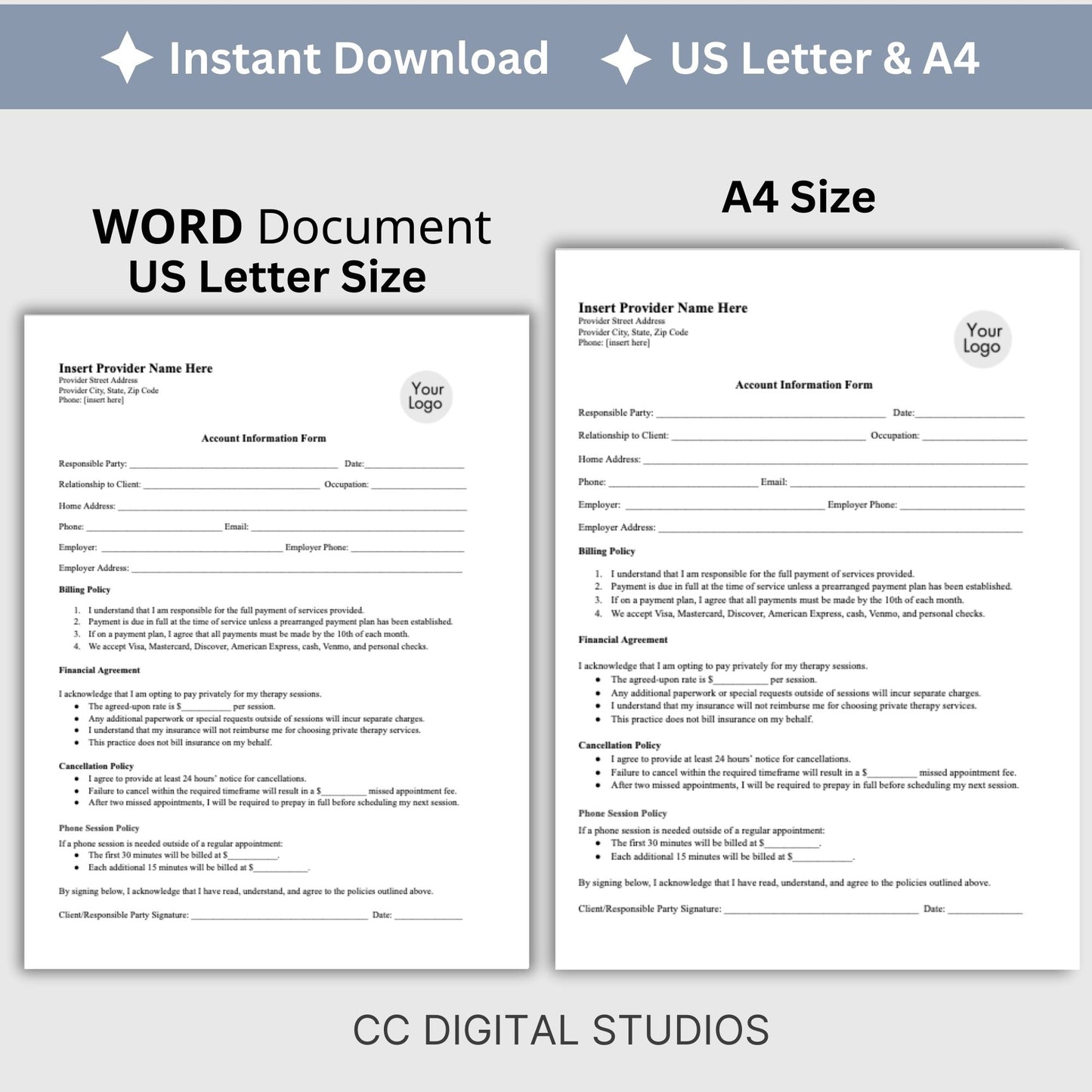 Billing Payment Form for Counseling Office, Credit Card Authorization WORD Doc