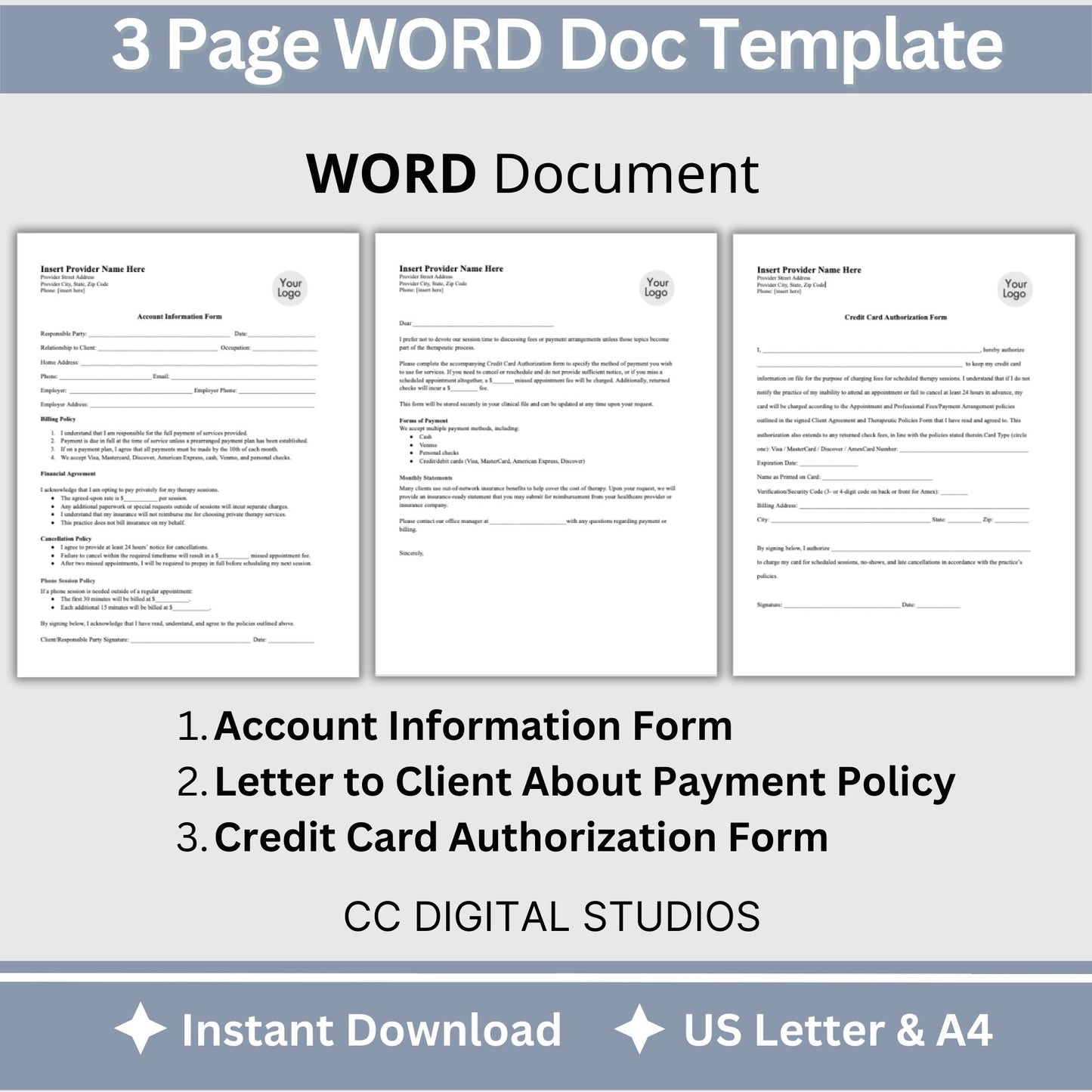 Billing Payment Form for Counseling Office, Credit Card Authorization WORD Doc
