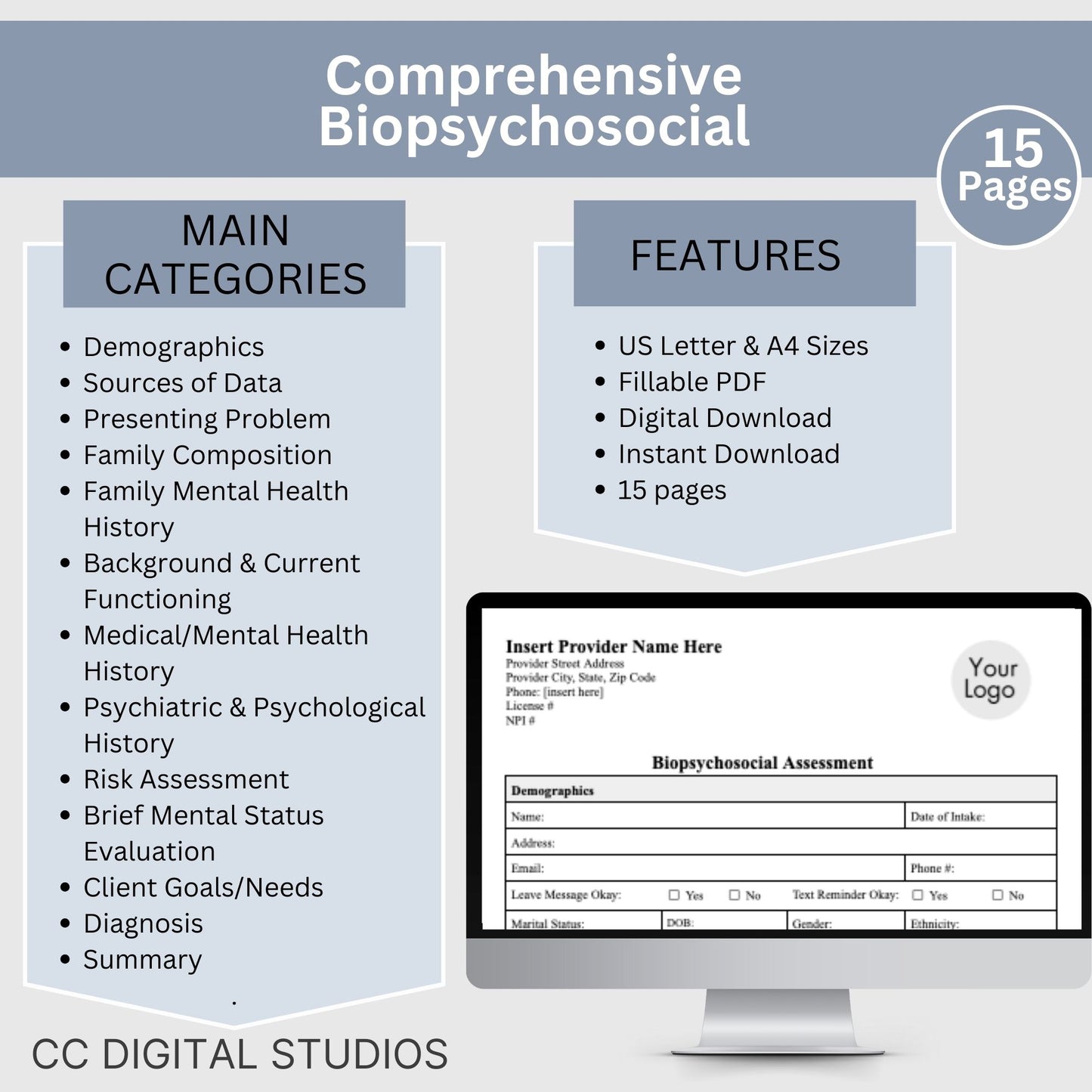 15-page comprehensive biopsychosocial fillable PDF template! Perfect for therapists, school psychologists, and professionals in psychology fields. Streamlining your therapist office, therapy notes, psychology, therapy tool, therapy resource
