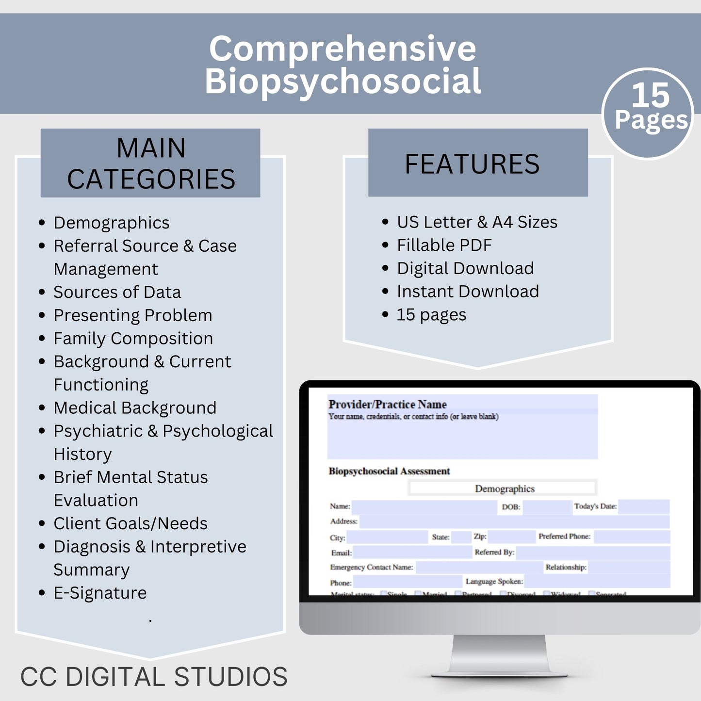 15-page comprehensive biopsychosocial fillable PDF template! Perfect for therapists, school psychologists, and professionals in psychology fields. Streamlining your therapist office, therapy notes, psychology, therapy tool, therapy resource