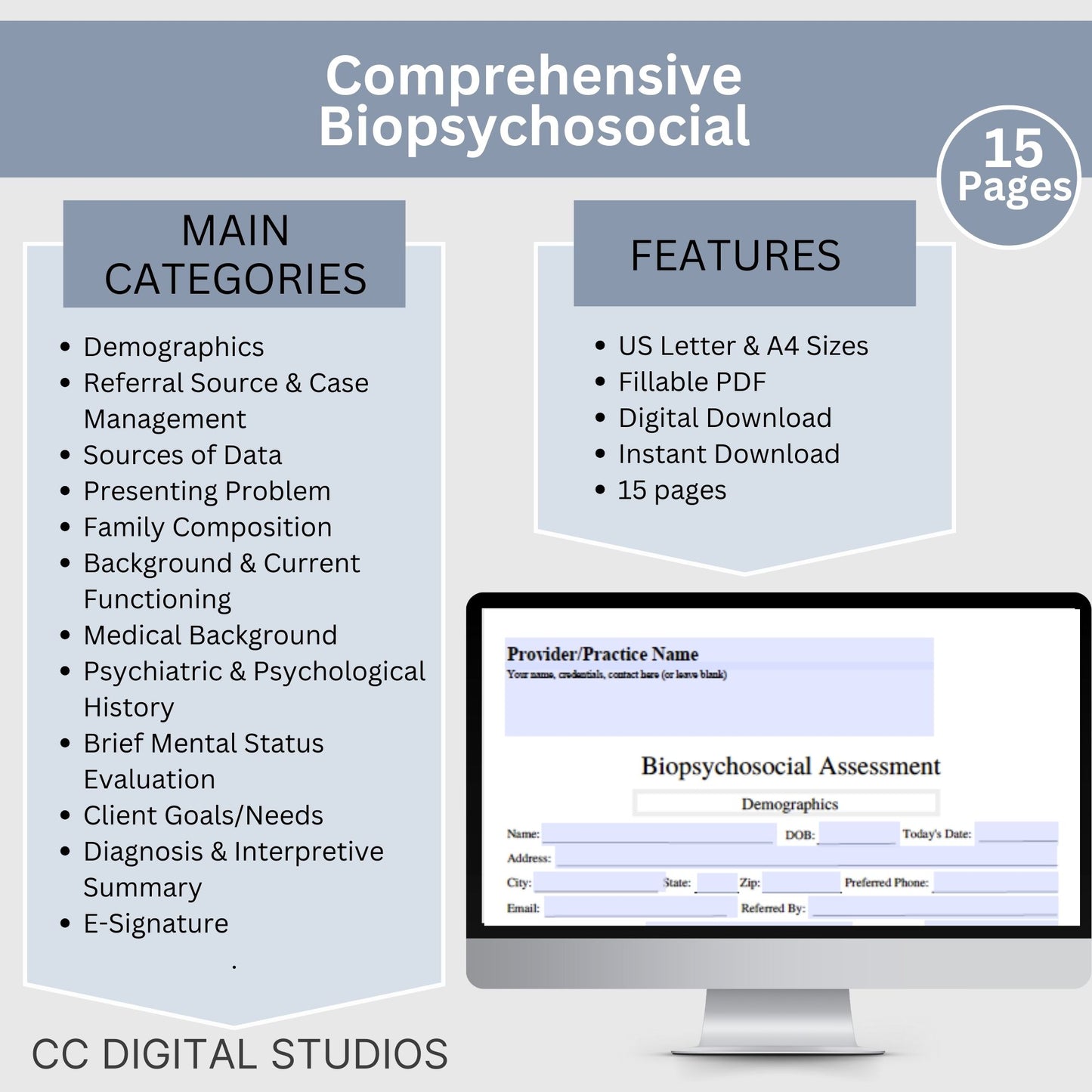 15-page comprehensive biopsychosocial fillable PDF template! Perfect for therapists, school psychologists, and professionals in psychology fields. Streamlining your therapist office, therapy notes, psychology, therapy tool, therapy resource