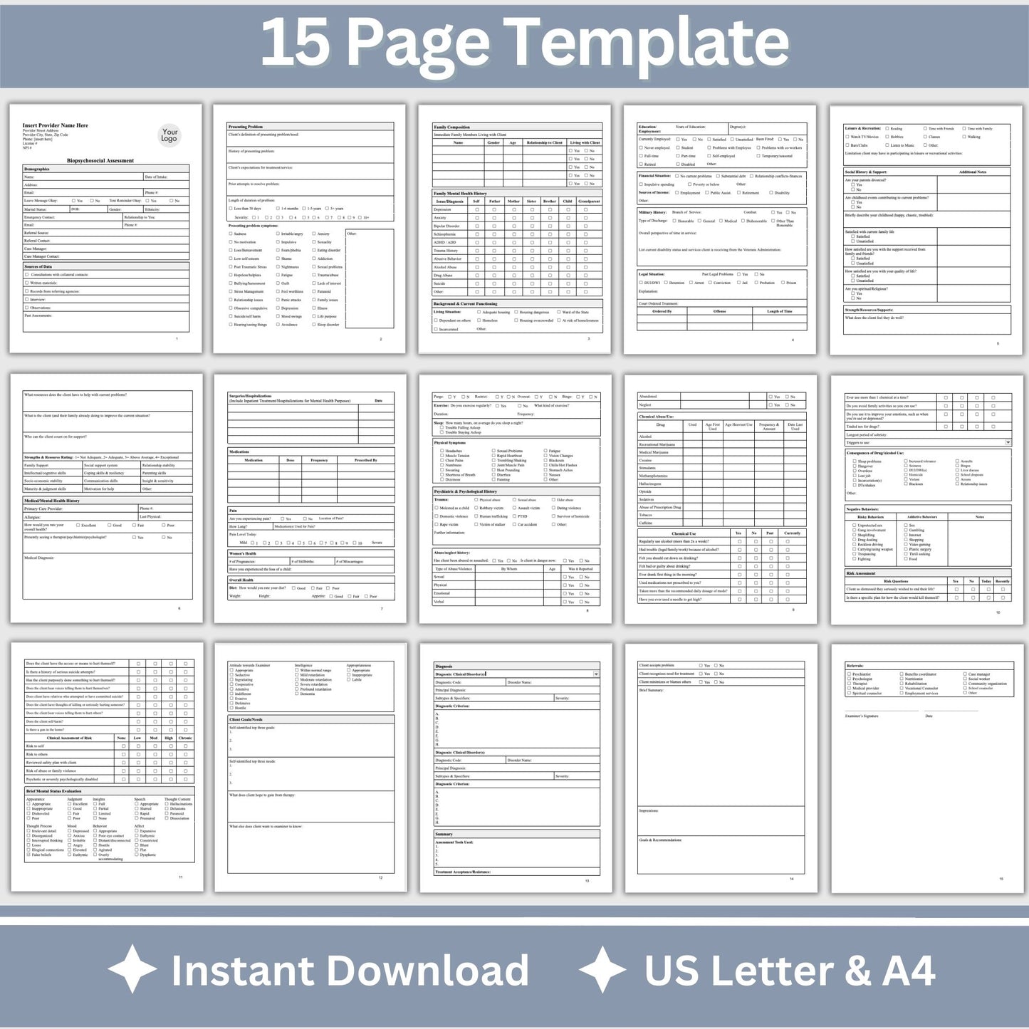 15-page comprehensive biopsychosocial fillable PDF template! Perfect for therapists, school psychologists, and professionals in psychology fields. Streamlining your therapist office, therapy notes, psychology, therapy tool, therapy resource