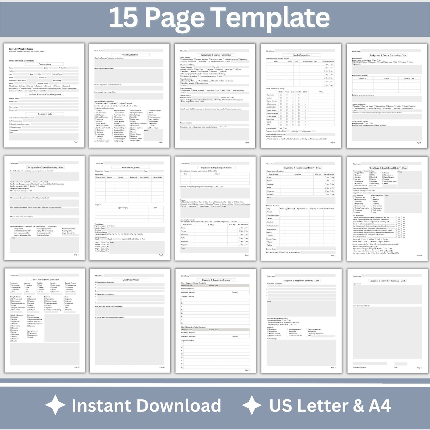 15-page comprehensive biopsychosocial fillable PDF template! Perfect for therapists, school psychologists, and professionals in psychology fields. Streamlining your therapist office, therapy notes, psychology, therapy tool, therapy resource