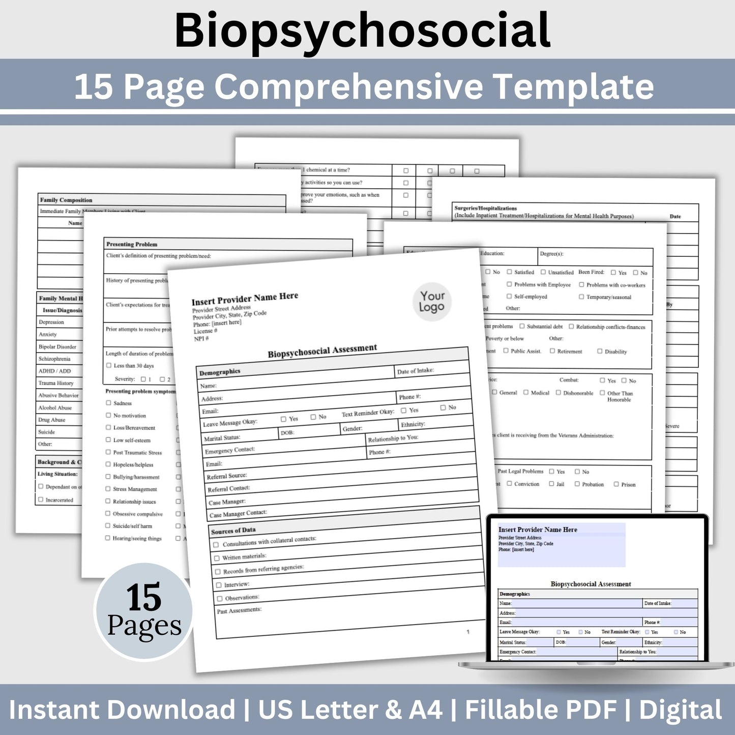 15-page comprehensive biopsychosocial fillable PDF template! Perfect for therapists, school psychologists, and professionals in psychology fields. Streamlining your therapist office, therapy notes, psychology, therapy tool, therapy resource