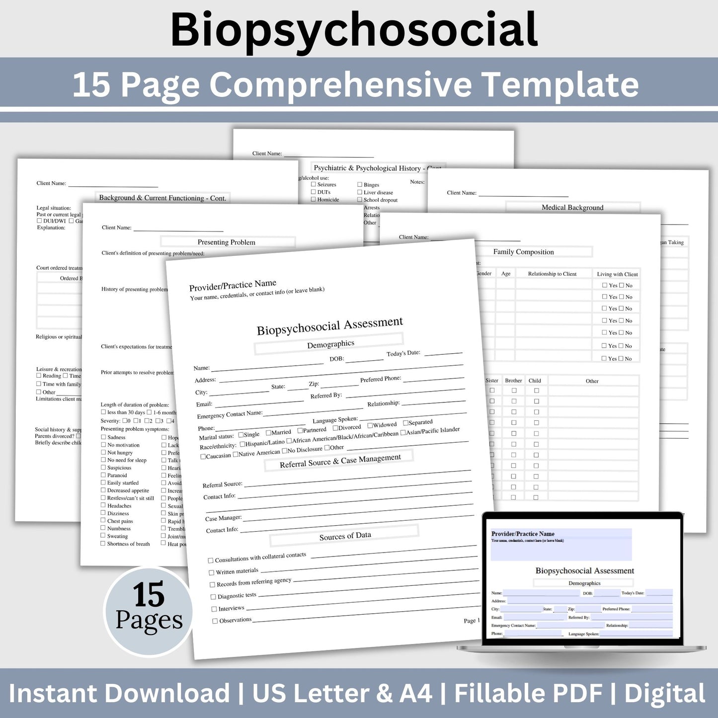 15-page comprehensive biopsychosocial fillable PDF template! Perfect for therapists, school psychologists, and professionals in psychology fields. Streamlining your therapist office, therapy notes, psychology, therapy tool, therapy resource