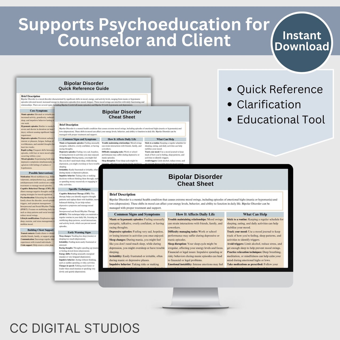 Bipolar Therapy Cheat Sheet: 2 IN 1 Psychoeducation for Client and Cheat Sheet for Counselors