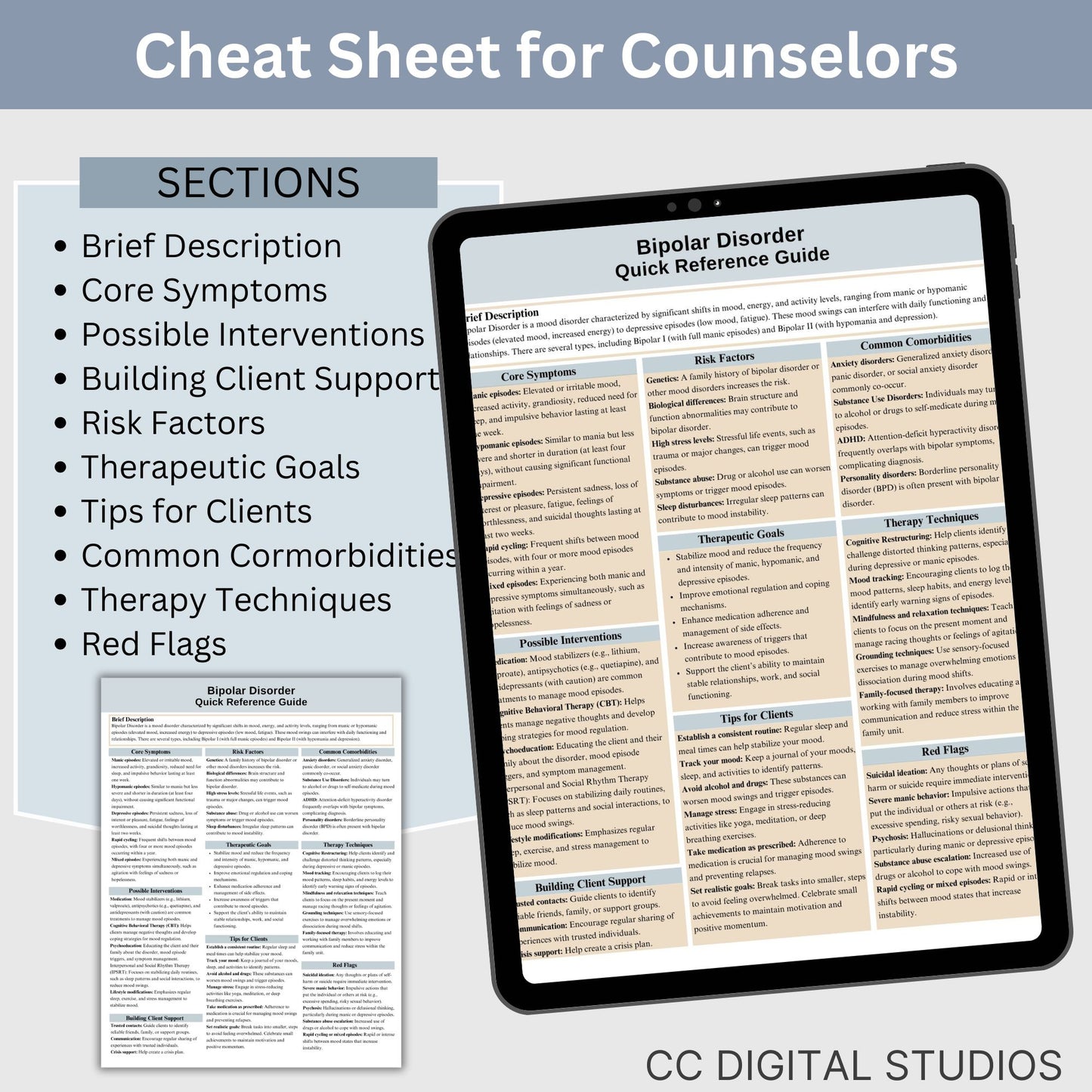 Bipolar Therapy Cheat Sheet: 2 IN 1 Psychoeducation for Client and Cheat Sheet for Counselors