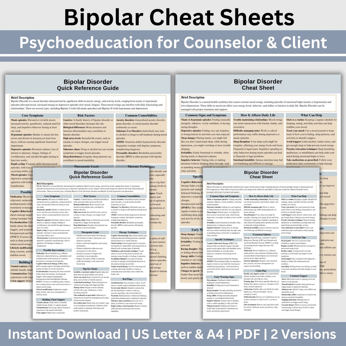 Bipolar Therapy Cheat Sheet: 2 IN 1 Psychoeducation for Client and Cheat Sheet for Counselors