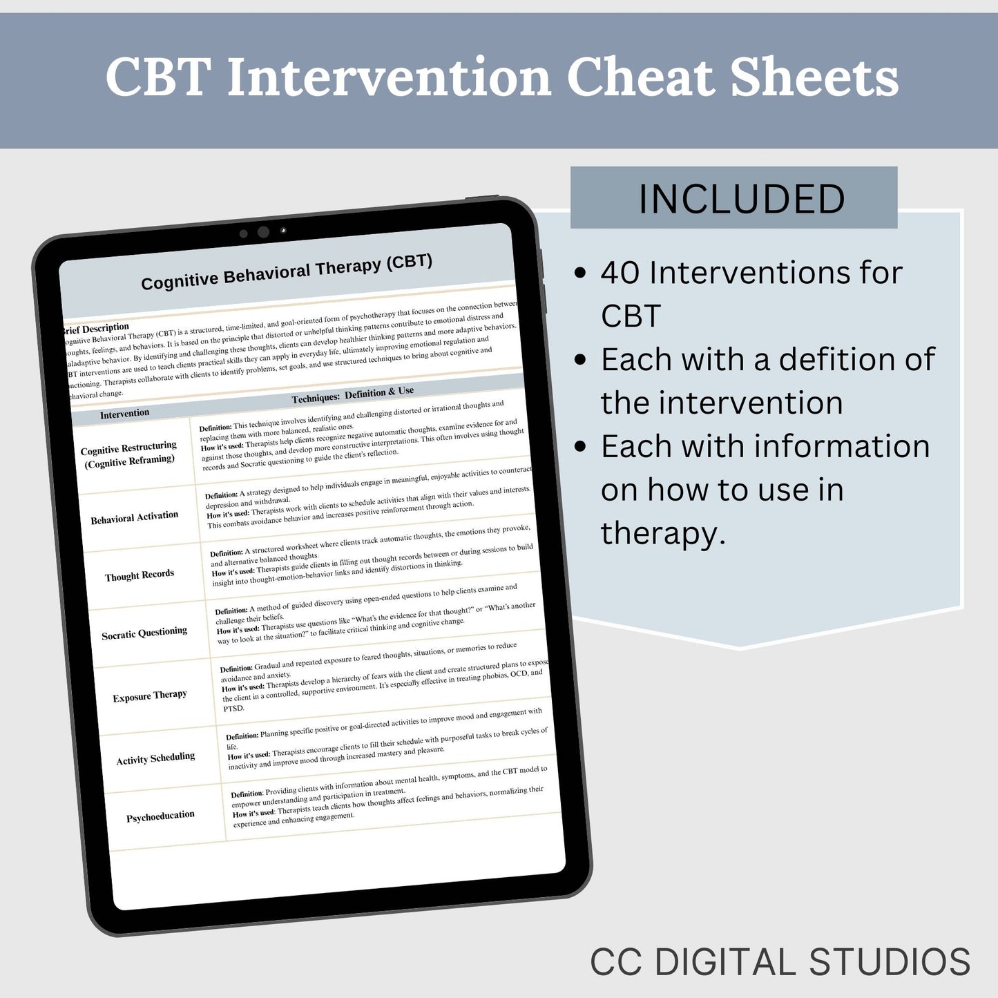 CBT Therapy Interventions List Cheat Sheet