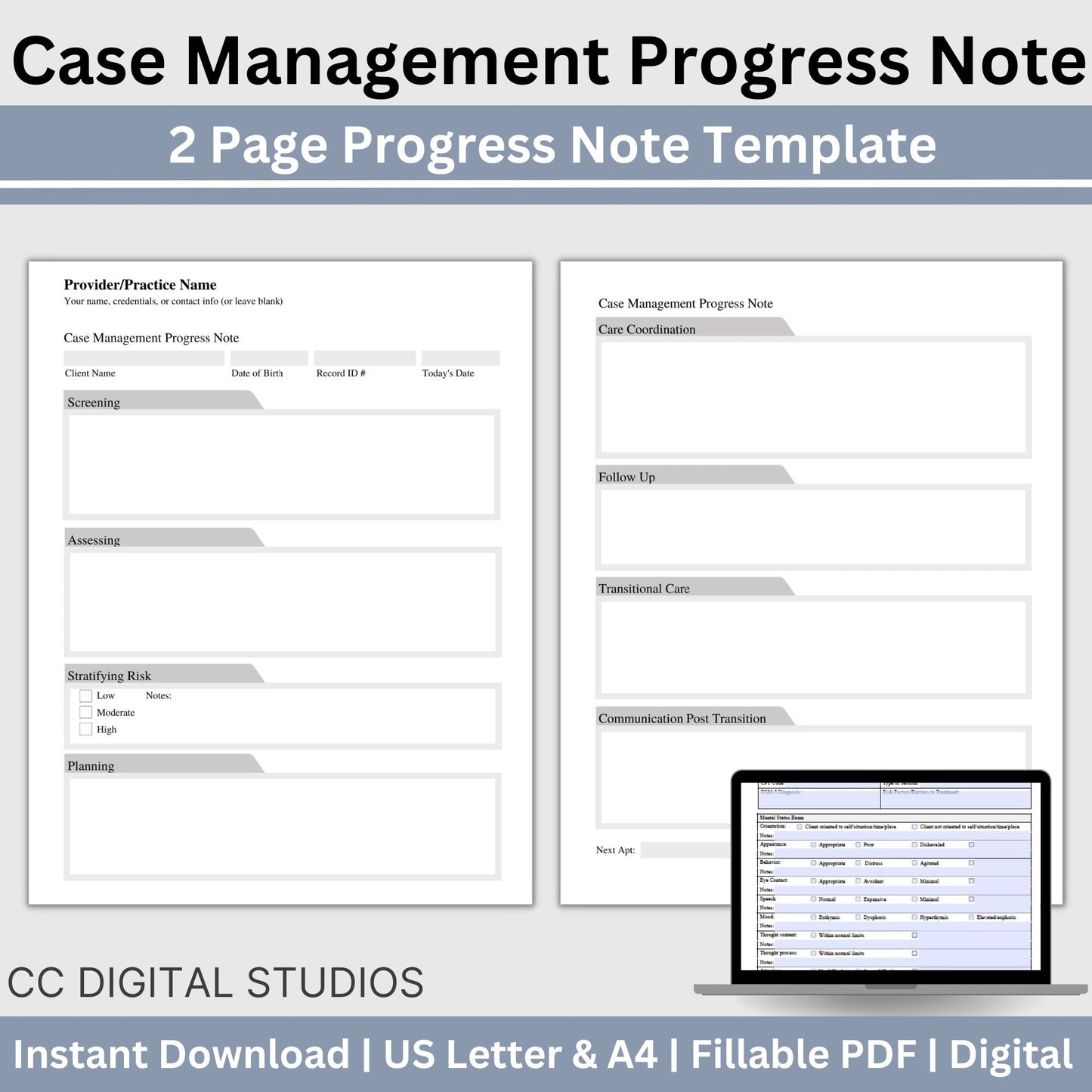 SAVE 25% with our Case Manager Bundle! 3 styles of case management progress notes, case management desktop reference cheat sheet of words and phrases, needs assessment with free Maslows Hierarchy of Needs Poster and care plan template.