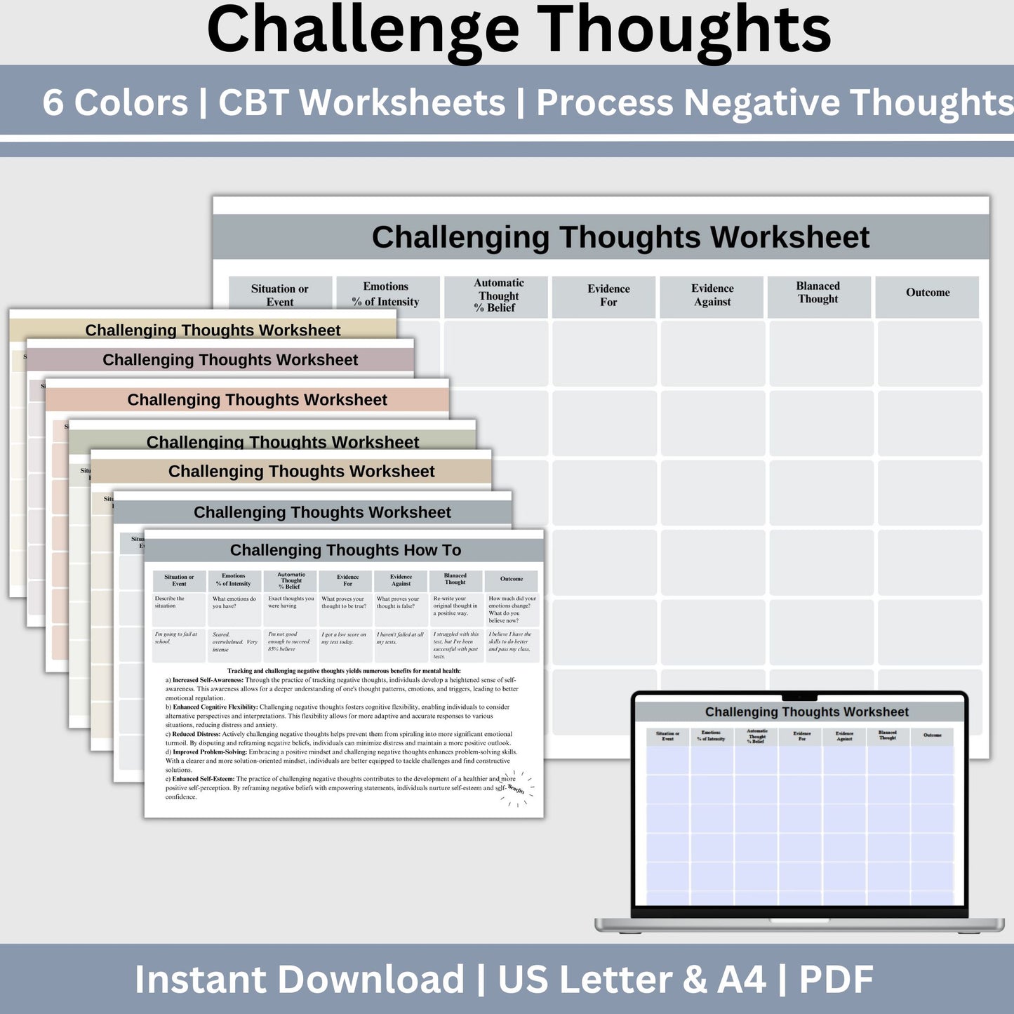 CBT Therapy Worksheets – a therapy tool for tackling negative thoughts. This mental health CBT worksheet merges psychotherapy and cognitive behavior techniques, addressing cognitive distortions and negative thought patterns.