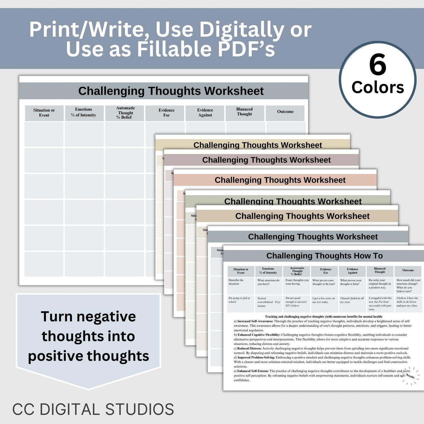 CBT Therapy Worksheets – a therapy tool for tackling negative thoughts. This mental health CBT worksheet merges psychotherapy and cognitive behavior techniques, addressing cognitive distortions and negative thought patterns.