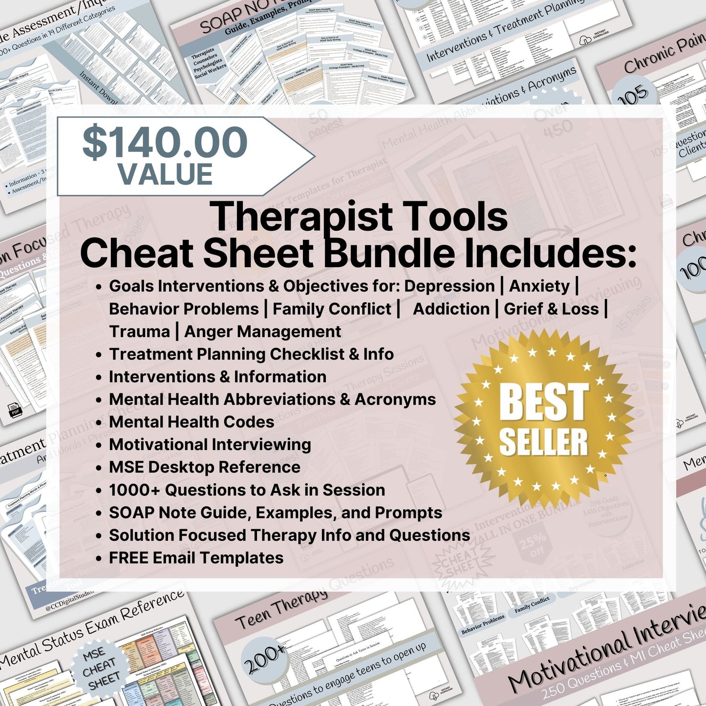 Therapy Cheat Sheet Bundle! Are you a dedicated mental health clinician looking to enhance your practice or therapeutic skills? Look no further – our comprehensive Mental Health Therapists Cheat Sheet Bundle is here to empower you! 30 Resources in 1 Bundle. A Value of $140.00.